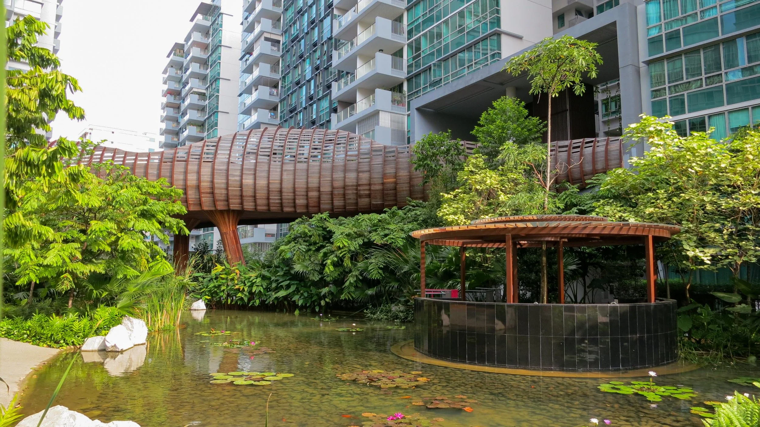 Modern high-rise apartment buildings with balconies, surrounding lush greenery, a pond with water lilies, and a wooden bridge in an urban garden setting.