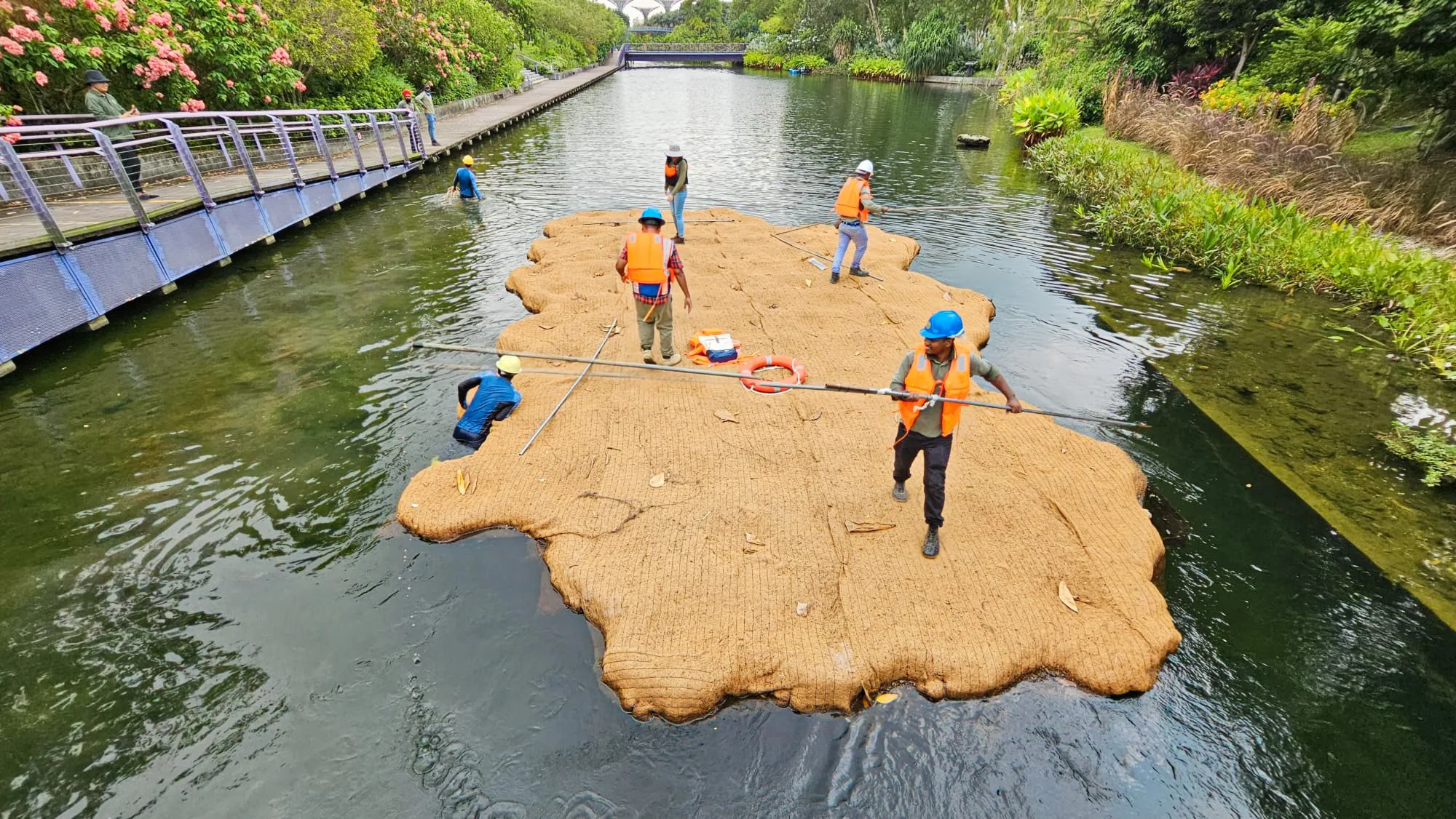 Men implementing the Floating Wetland System in a pond