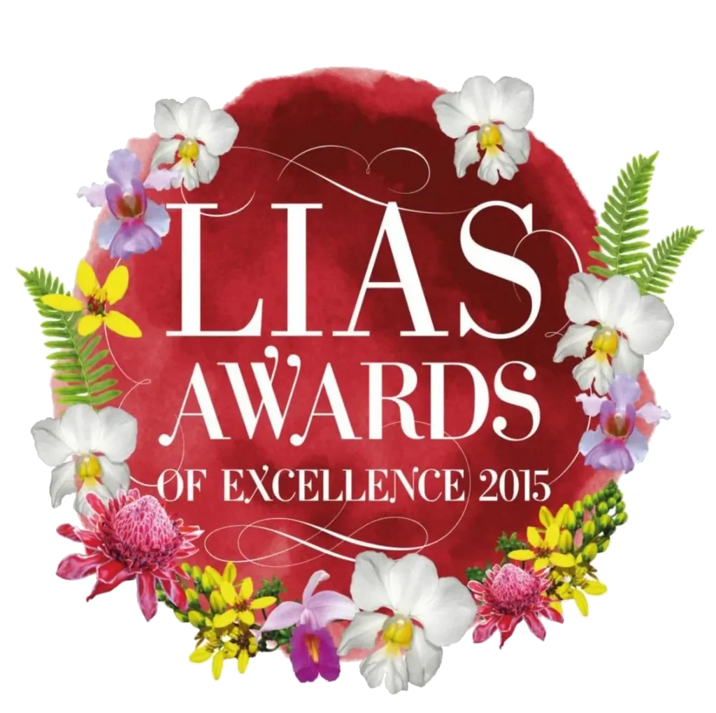 Design for the 2015 LIAS Awards of Excellence with a red circular background surrounded by various colorful flowers and green leaves.