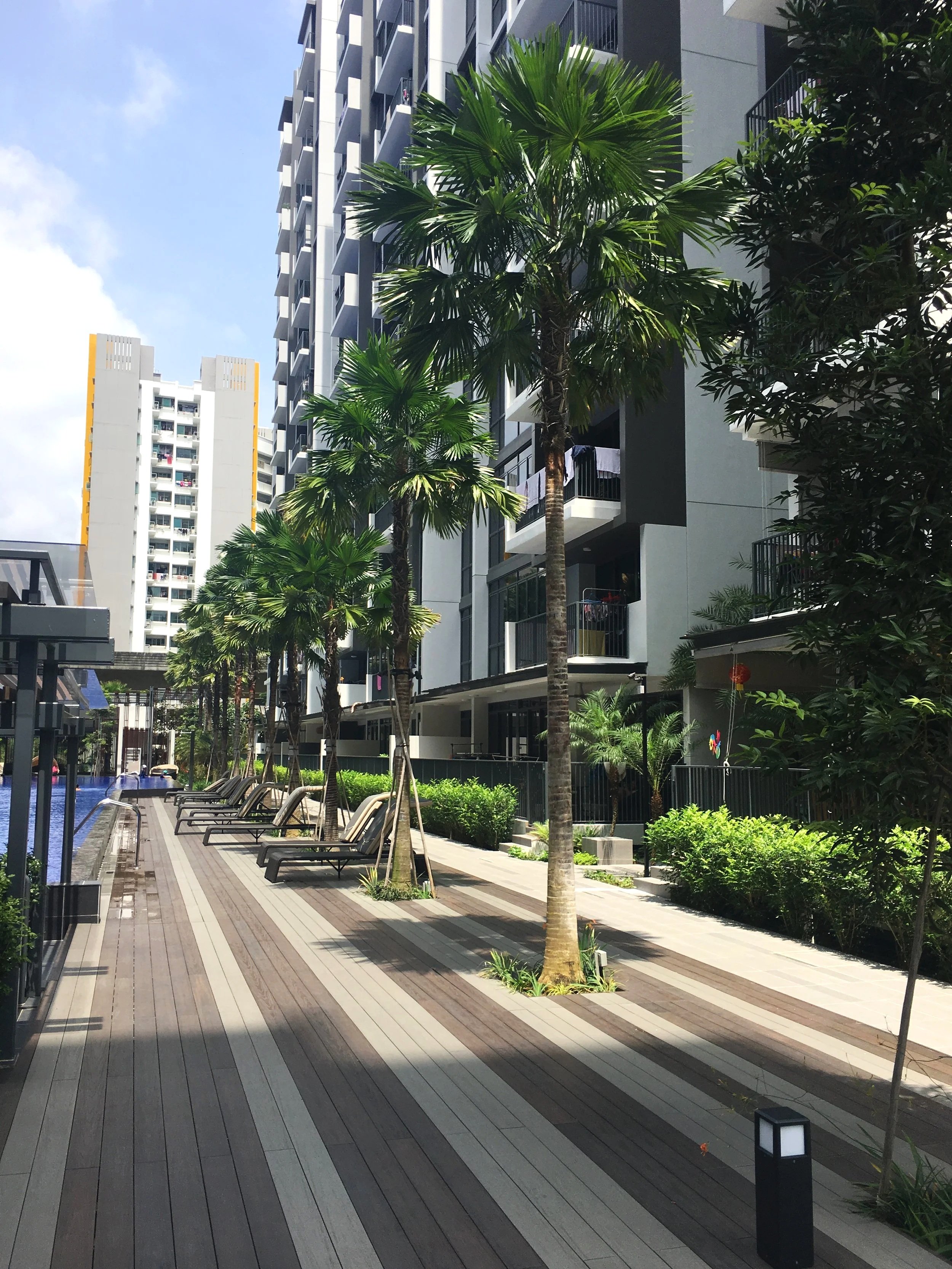 Modern apartment complex with balconies and large windows, surrounded by tropical trees and plants. There is a pedestrian walkway with lounge chairs and small lamps lining the path.