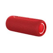 Red portable Bluetooth speaker with circular opening at one end