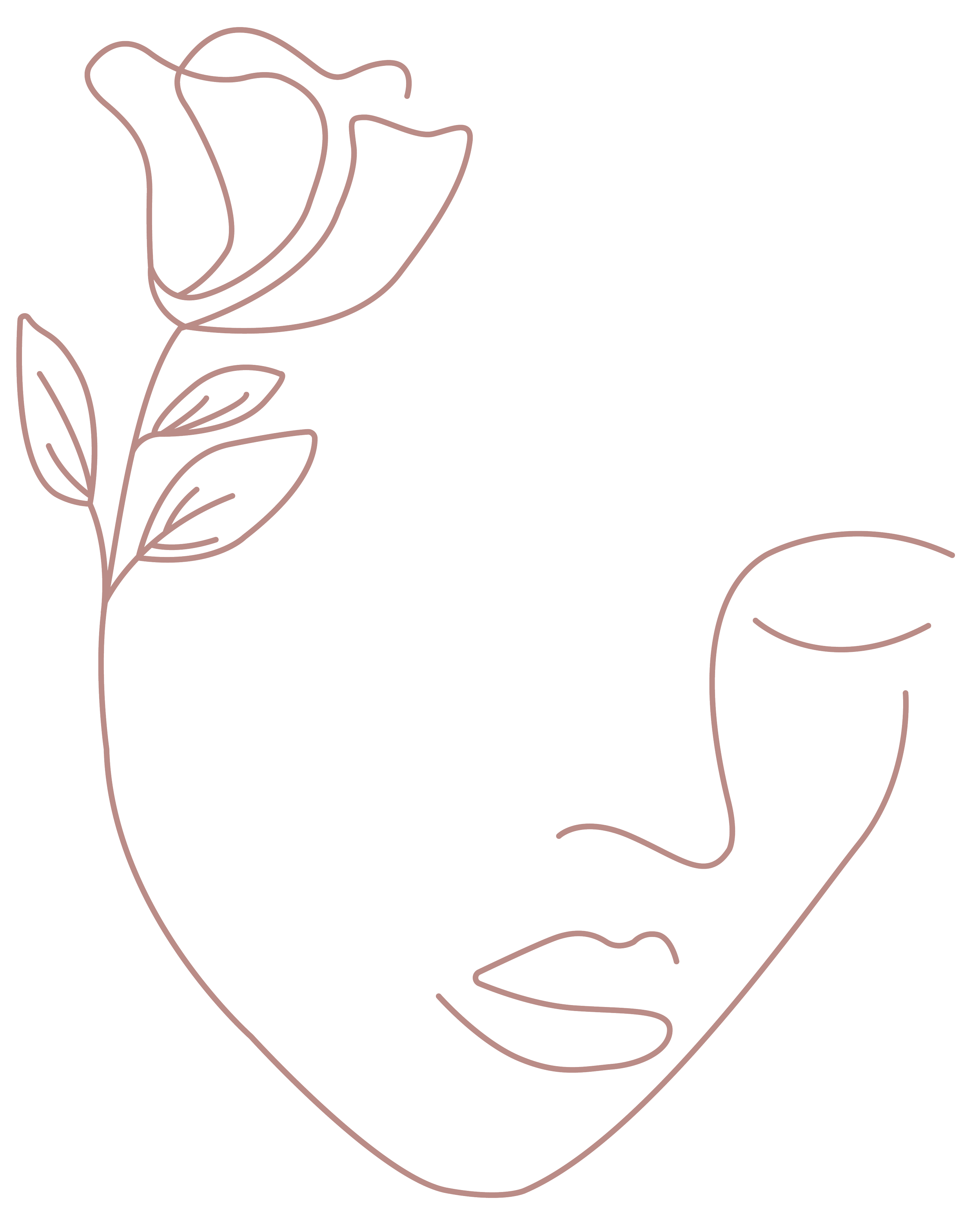 Line art illustration of a single flower with leaves, drawn with a thin pink line on a black background.