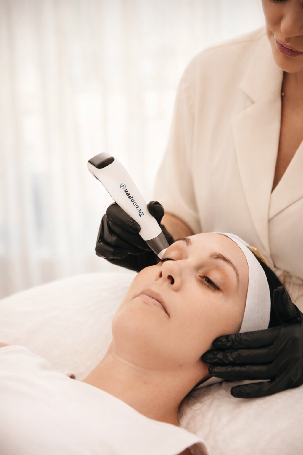 A woman lying down receiving a cosmetic facial treatment with a handheld device, while a cosmetologist in black gloves performs the procedure.