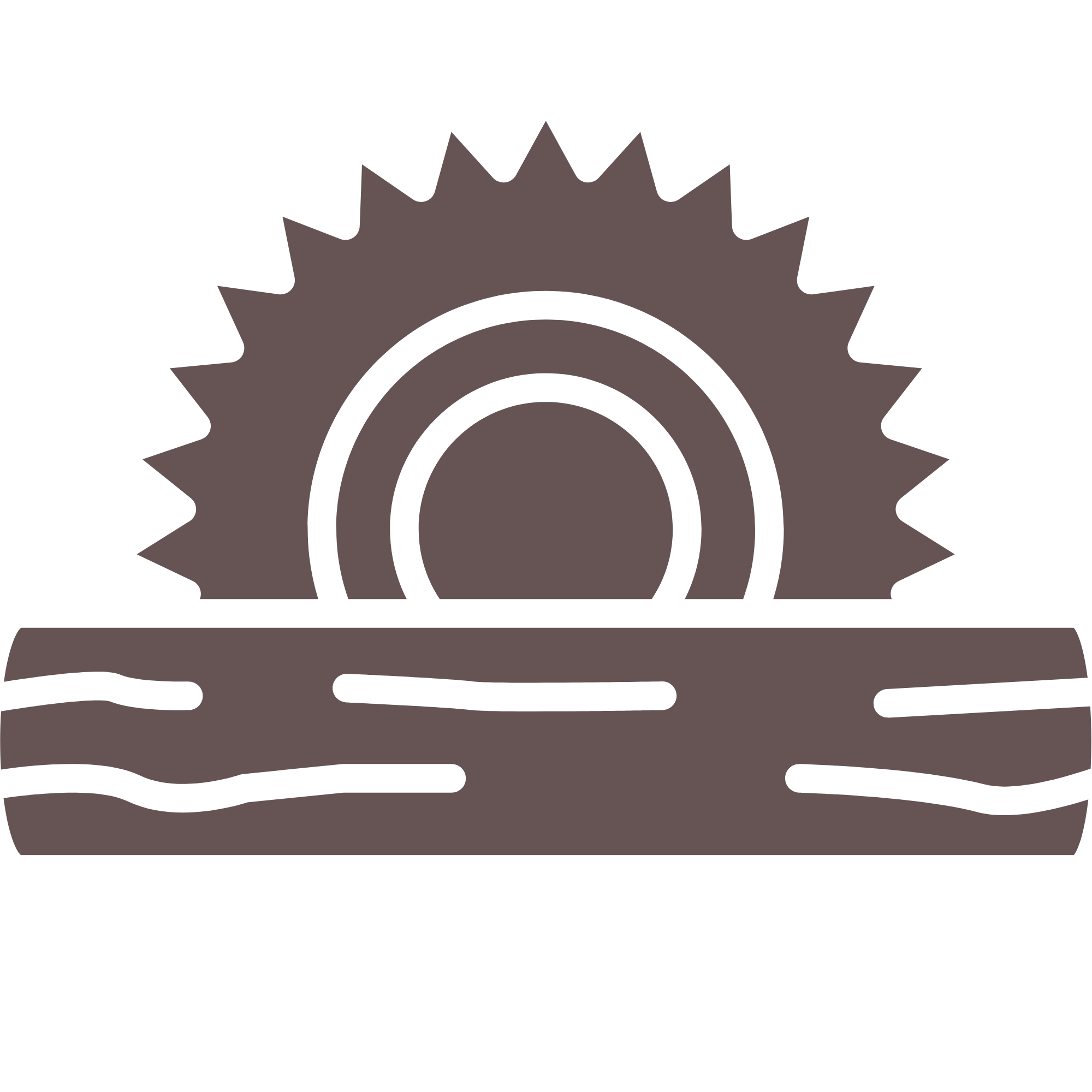 Simplified illustration of a sun rising or setting over a stylized horizon with water and land.