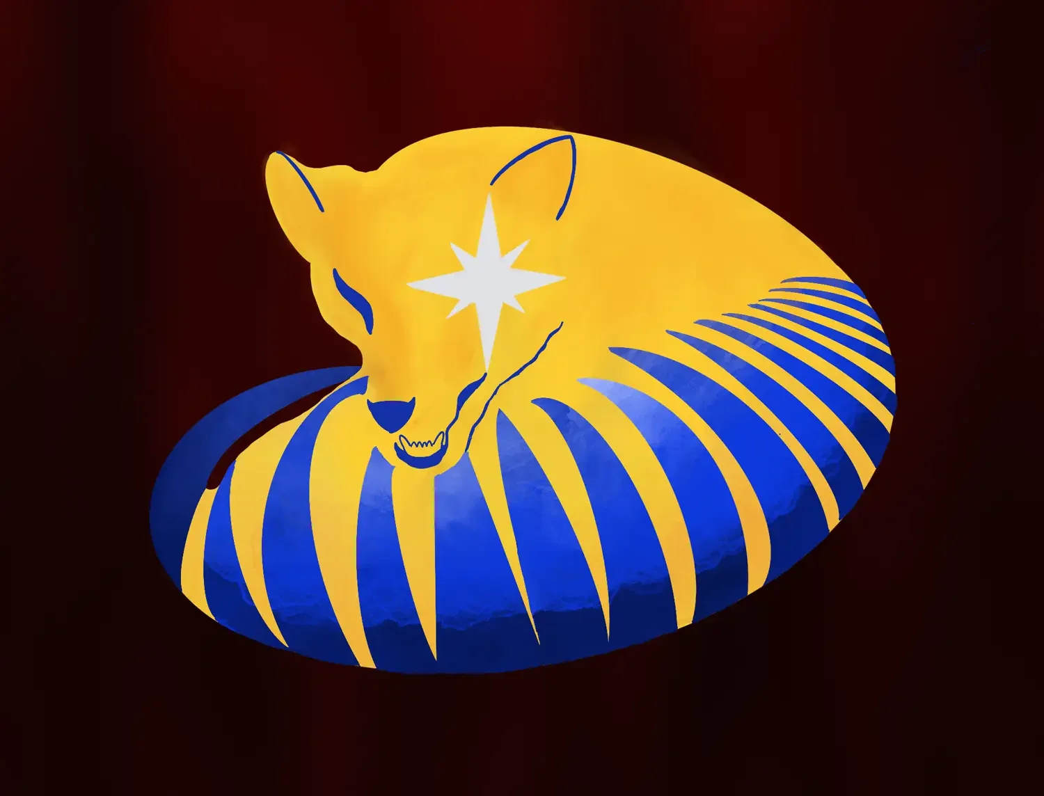Untitled Artwork by Laura Joseph, representing a curled wolf-like animal with yellow and blue stripes
