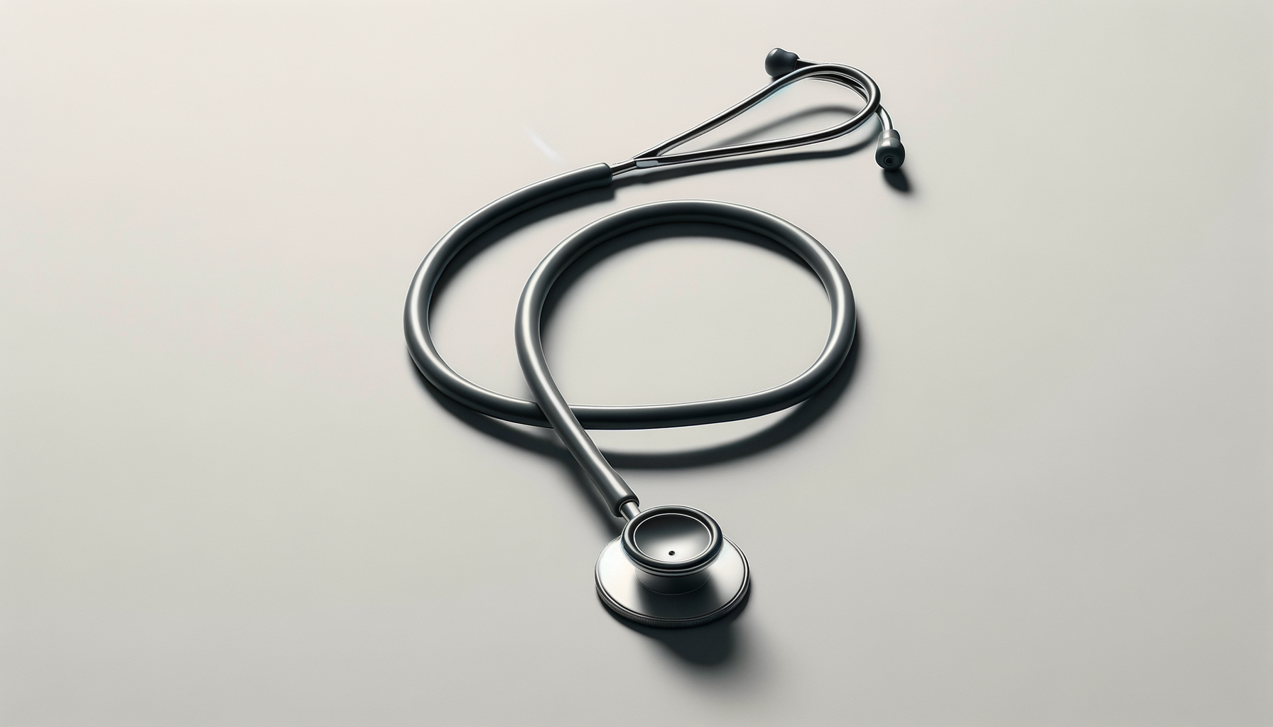 A metallic stethoscope lying on a white surface with the earpieces above and the chest piece below.