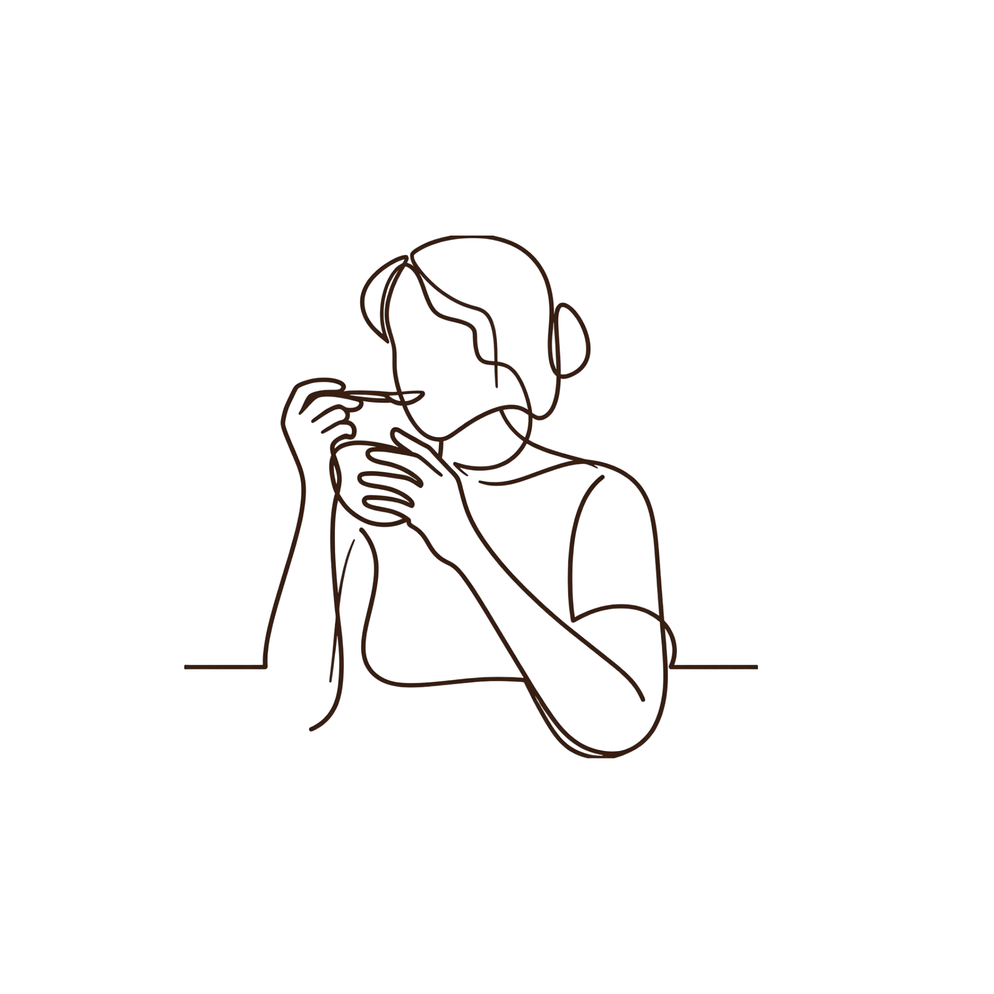 A continuous line drawing of a person holding a bowl and eating with a spoon.
