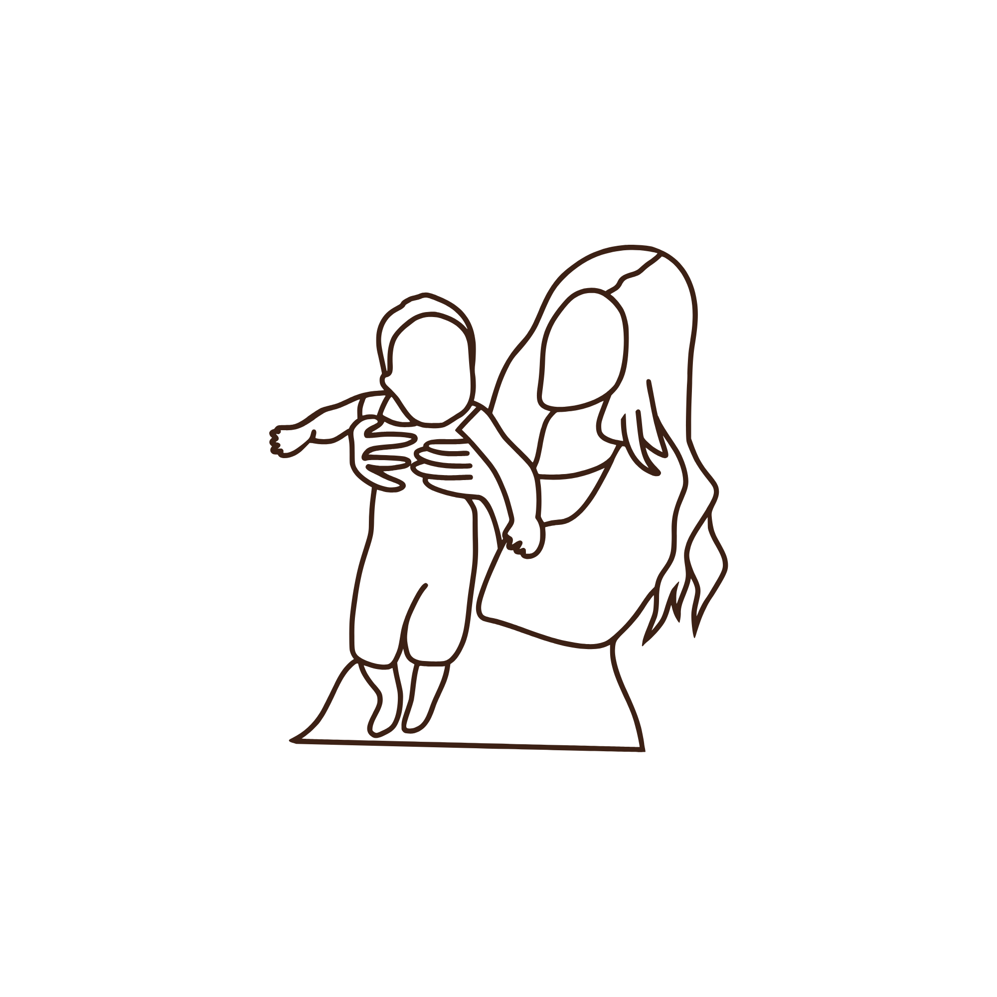 A brown line drawing of a person holding a baby.