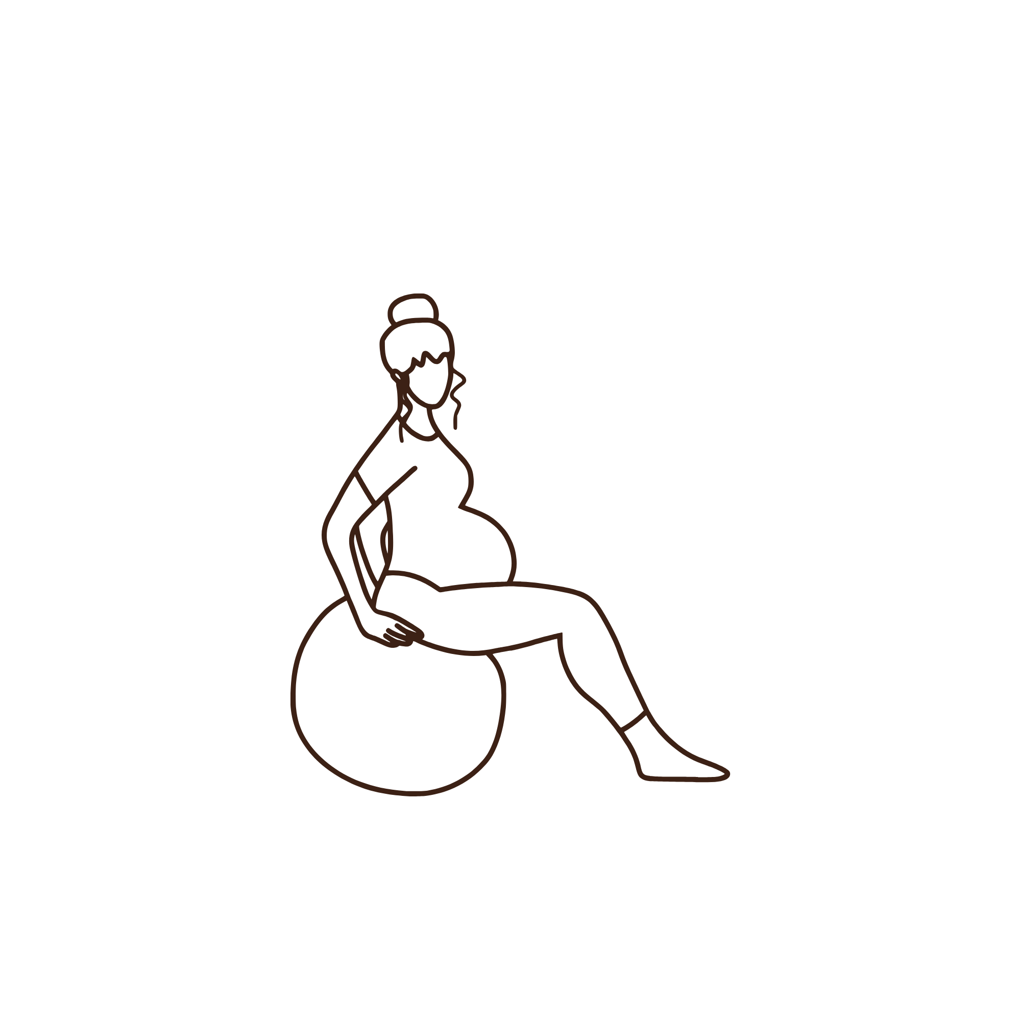A line drawing of a pregnant person sitting on an exercise ball.