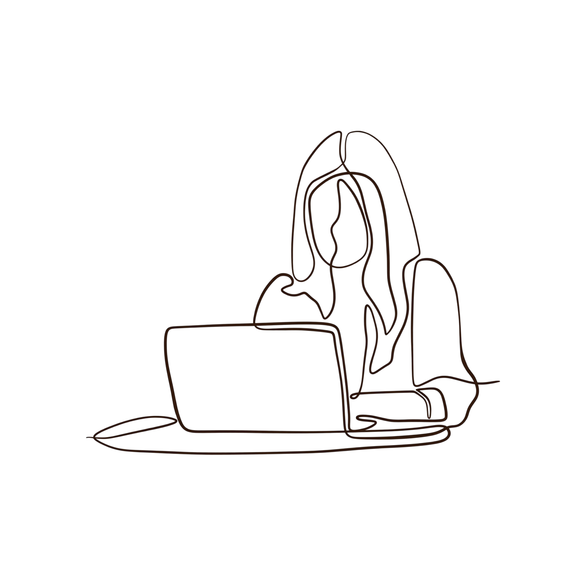 A minimalist line drawing depicts a person with long hair typing on a laptop.