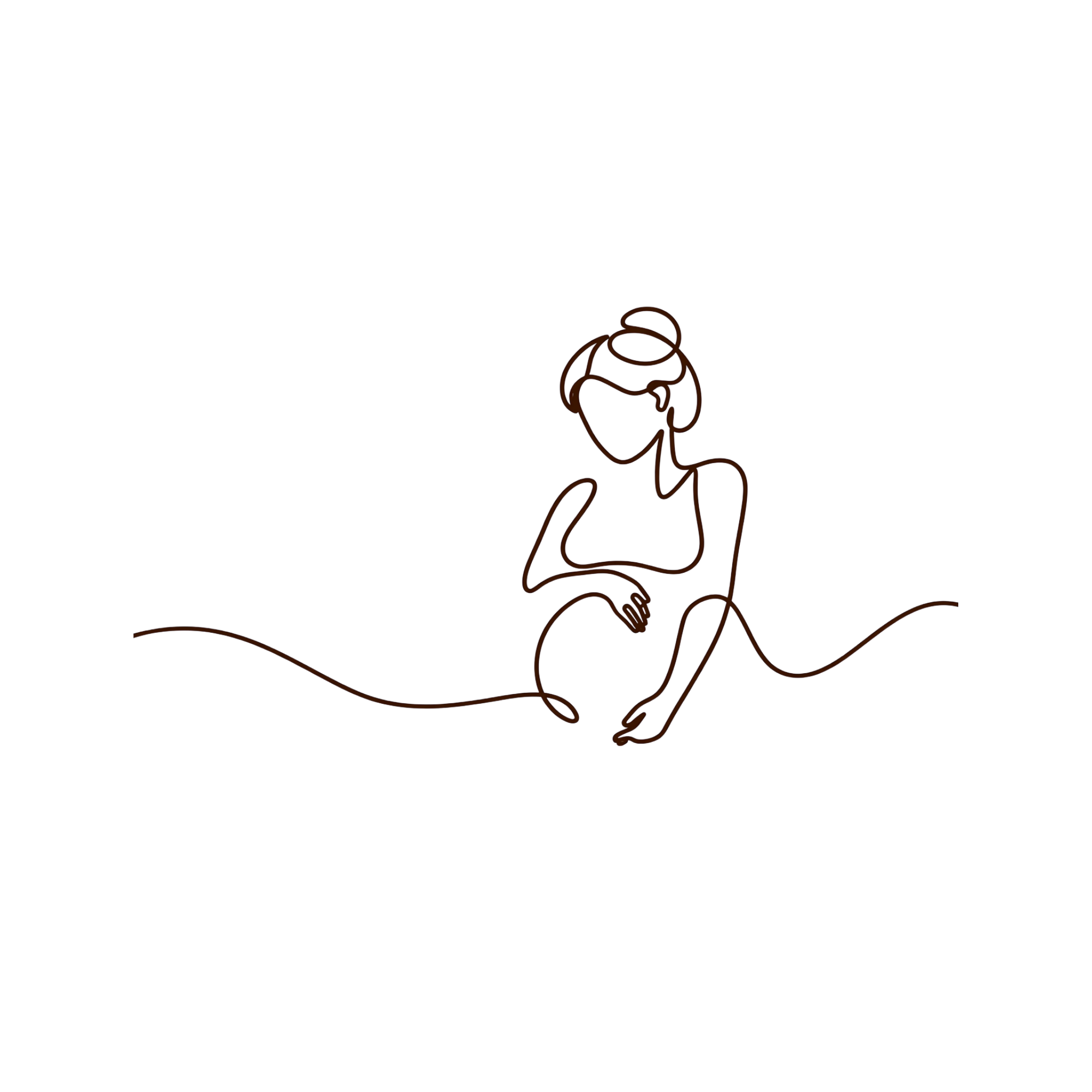 A minimalist, continuous line drawing of a pregnant person with their hands gently resting on their abdomen.