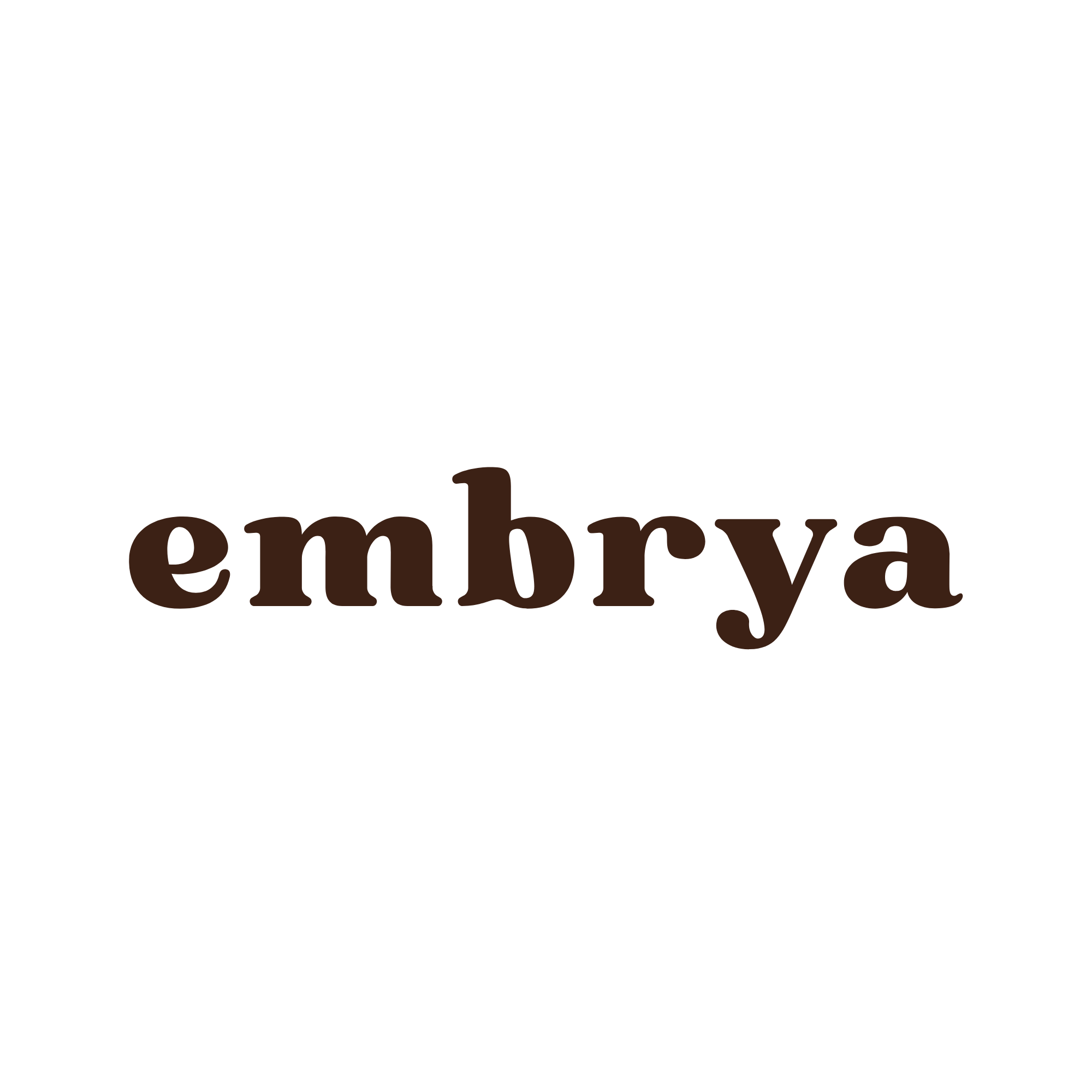 Brown lowercase letters spelling the word "embrya".