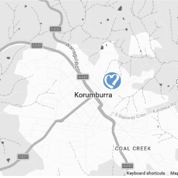 Map showing the area of Korumbarra with nearby roads and landmarks, including Warregula Road, Coal Creek, and the C425 and A440 highways.