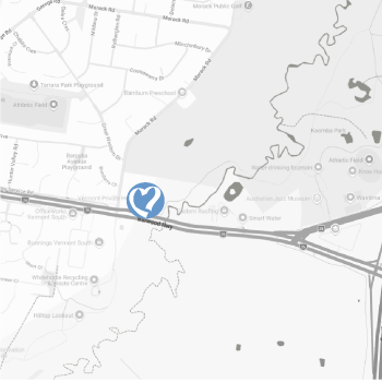 Map showing landmarks such as Toomba Park Playground, Australian Jazz Museum, and transportation routes near a body of water.