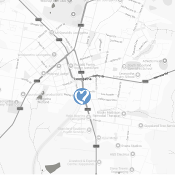 Map of Leongatha, showing streets and tram route.