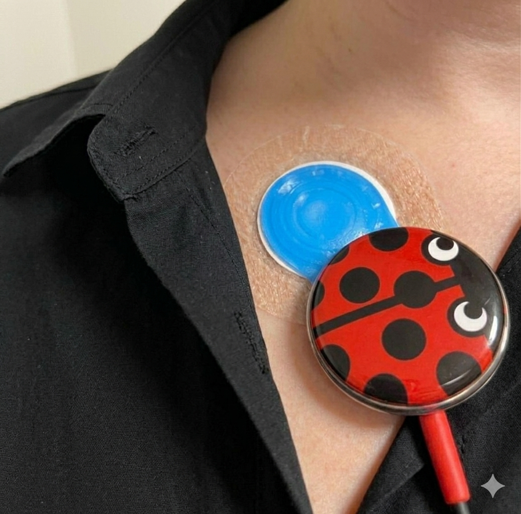 Person wearing a black shirt with a blue and a ladybug-shaped stethoscope on their neck.