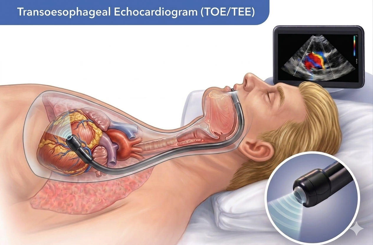 An illustration showing a transesophageal echocardiogram (TOE/TEE) procedure. It depicts a patient lying on a bed with a probe inserted into their mouth and down the esophagus, with an ultrasound monitor displaying imaging results.