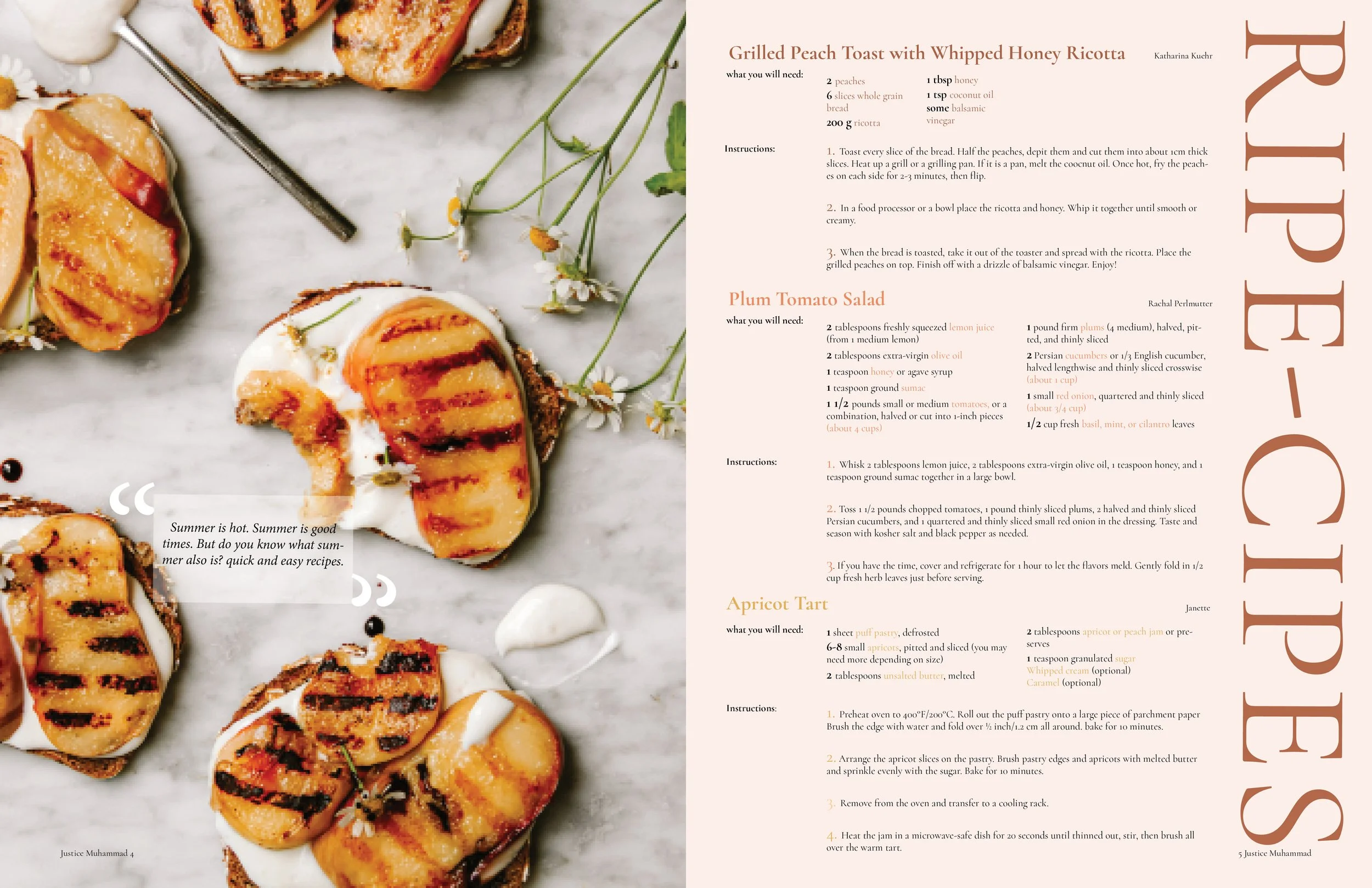 A recipe page featuring grilled peach toast with whipped honey ricotta, plum tomato salad, and apricot tart. The left side shows an image of grilled peaches on toast garnished with herbs, alongside a quote about summer recipes.