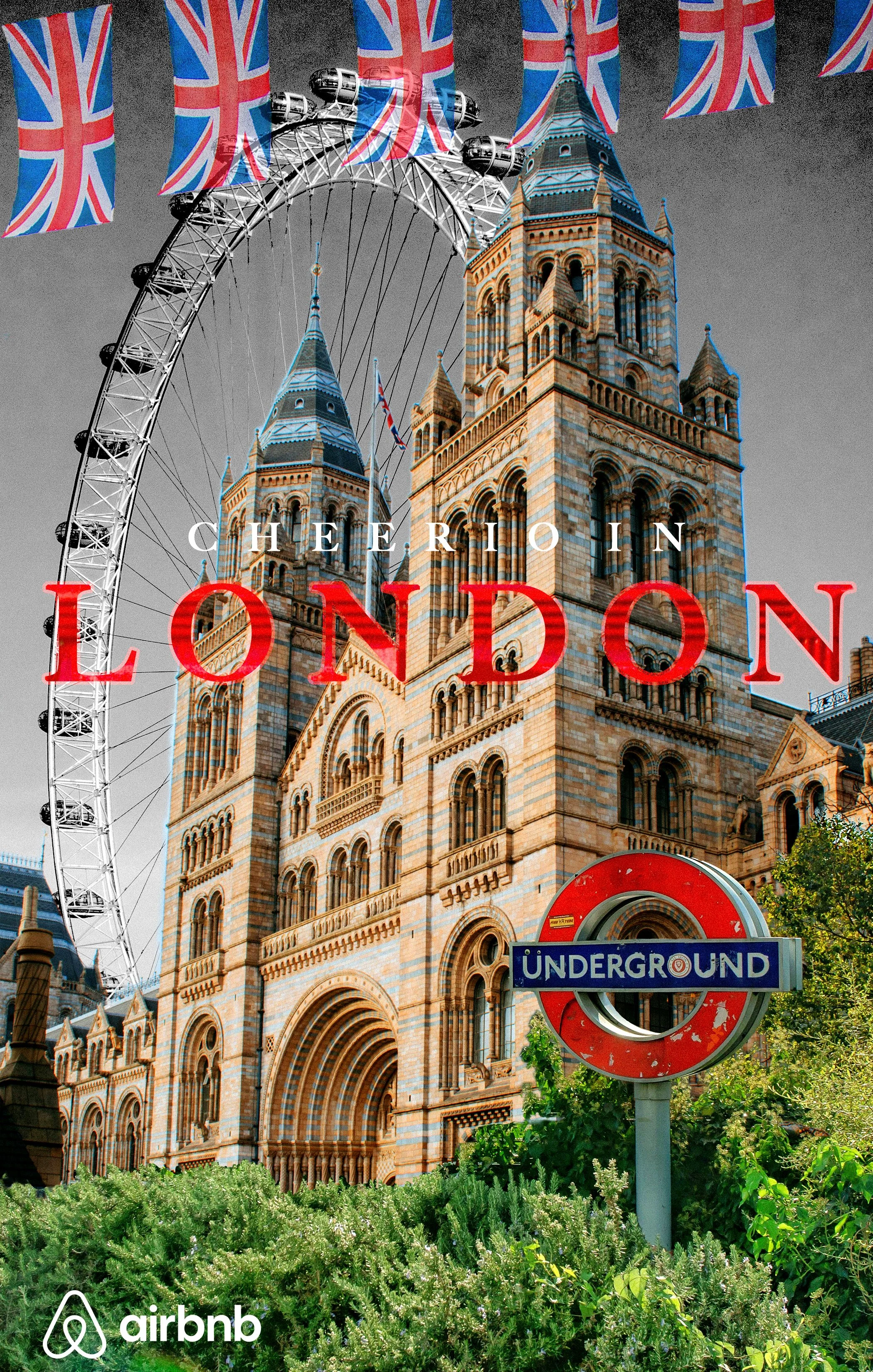A historic building with twin towers, a large Ferris wheel, Union Jack flags hanging from above, and a London Underground sign in front, with greenery at the bottom.