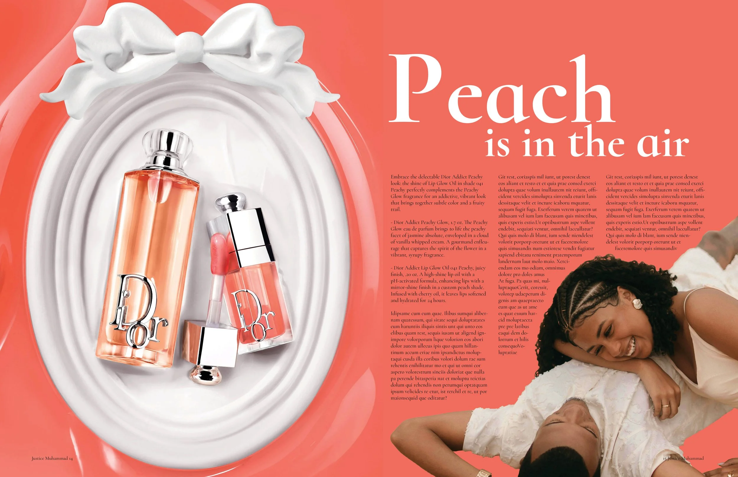 Advertisement for Dior Addict Peachy fragrance featuring two perfume bottles on a decorative tray, with a woman and a child lying happily together. The background is peach-colored with the text 'Peach is in the air'.