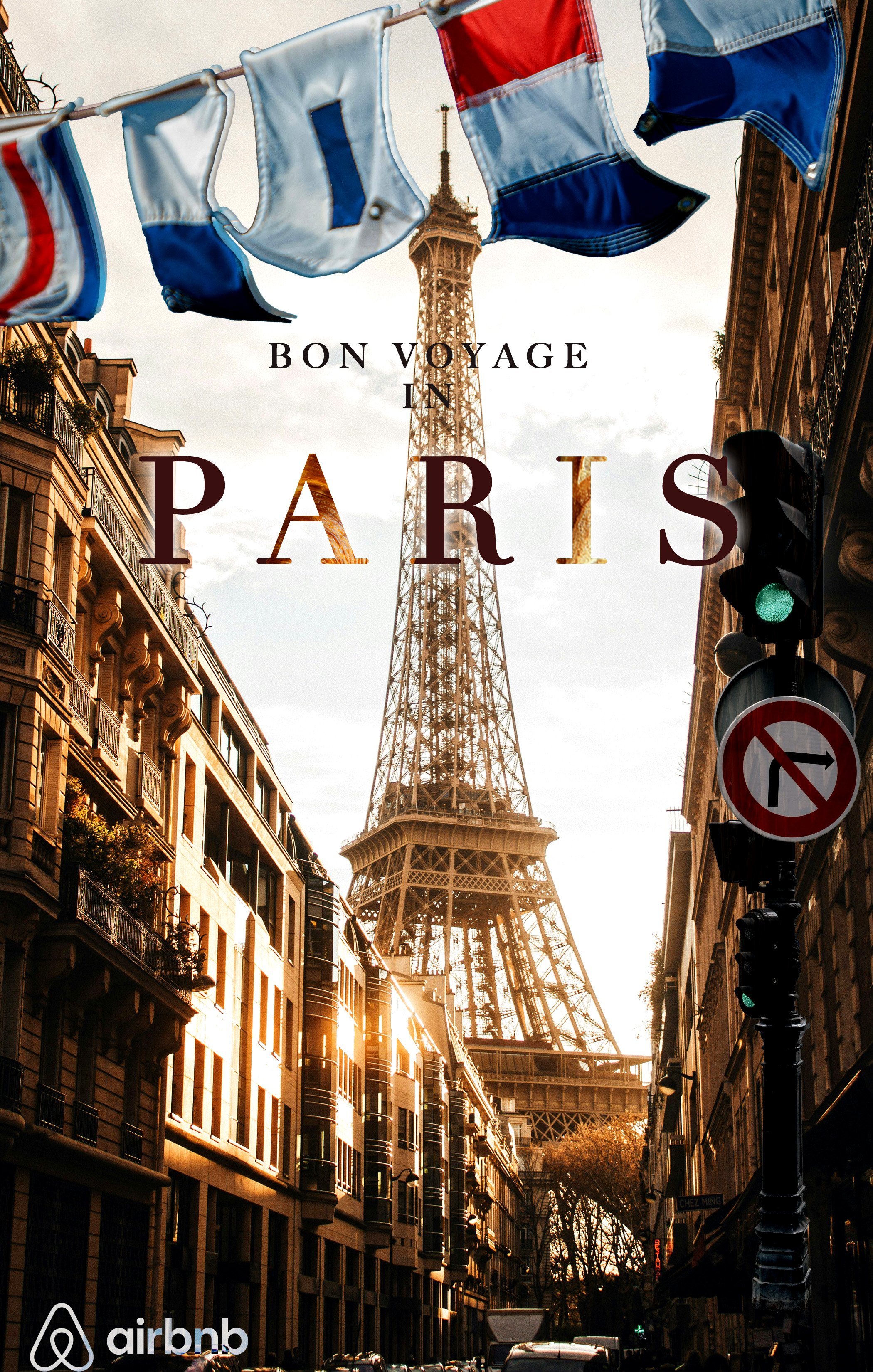 Street view in Paris with the Eiffel Tower in the background, flags hanging across the street, and sunlight reflecting off buildings.