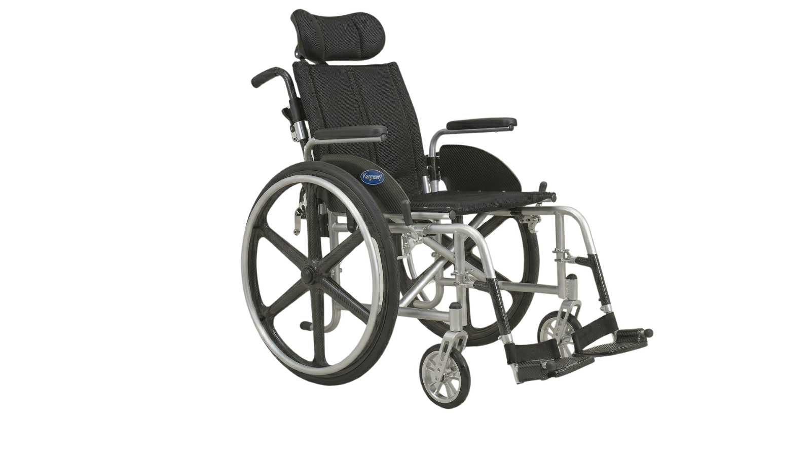 A black and silver wheelchair with adjustable headrest and armrests, large rear wheels, and small front wheels.