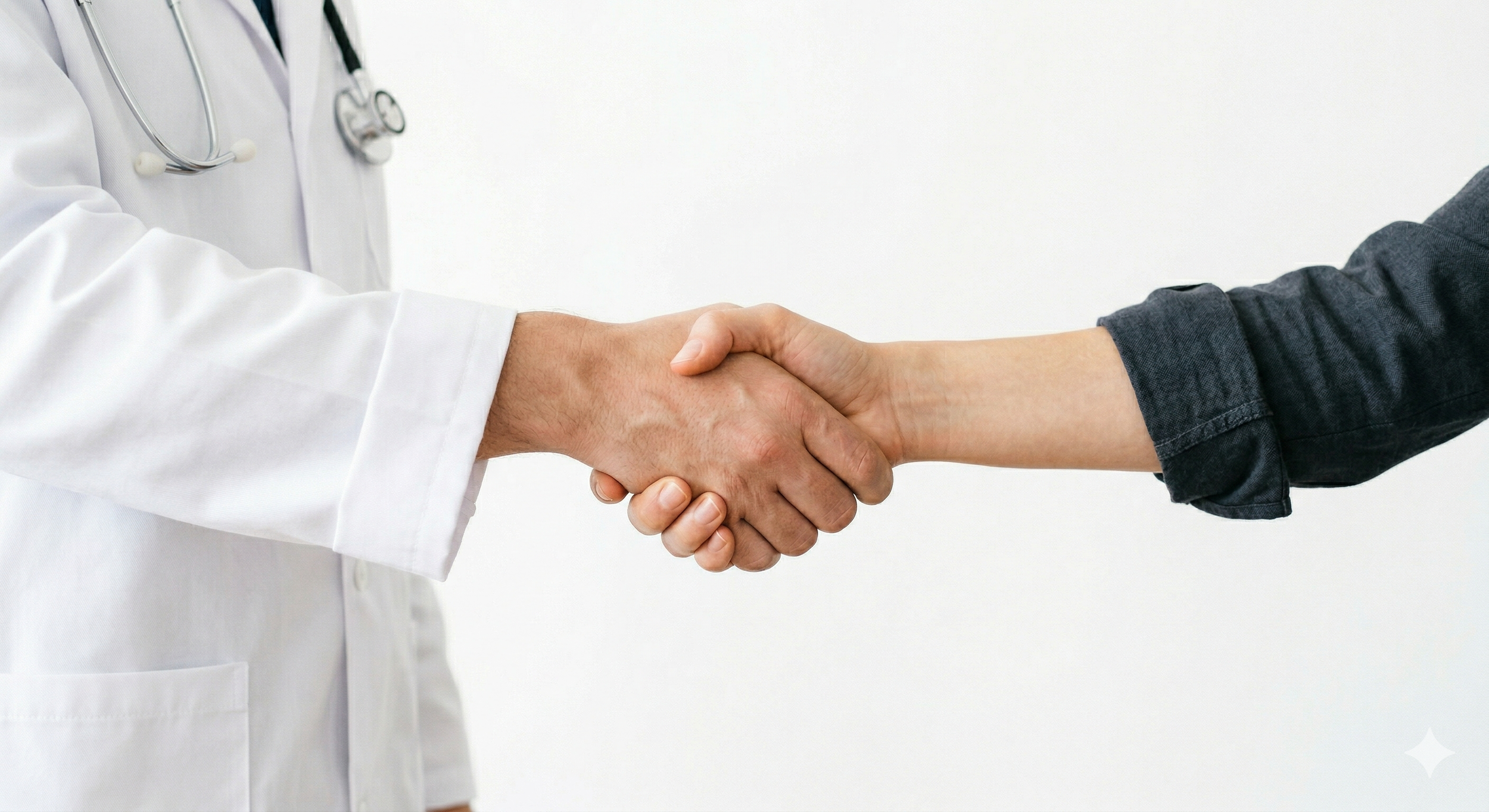 Doctor and patient shaking hands, doctor wearing white coat and stethoscope, patient in dark shirt, plain white background.
