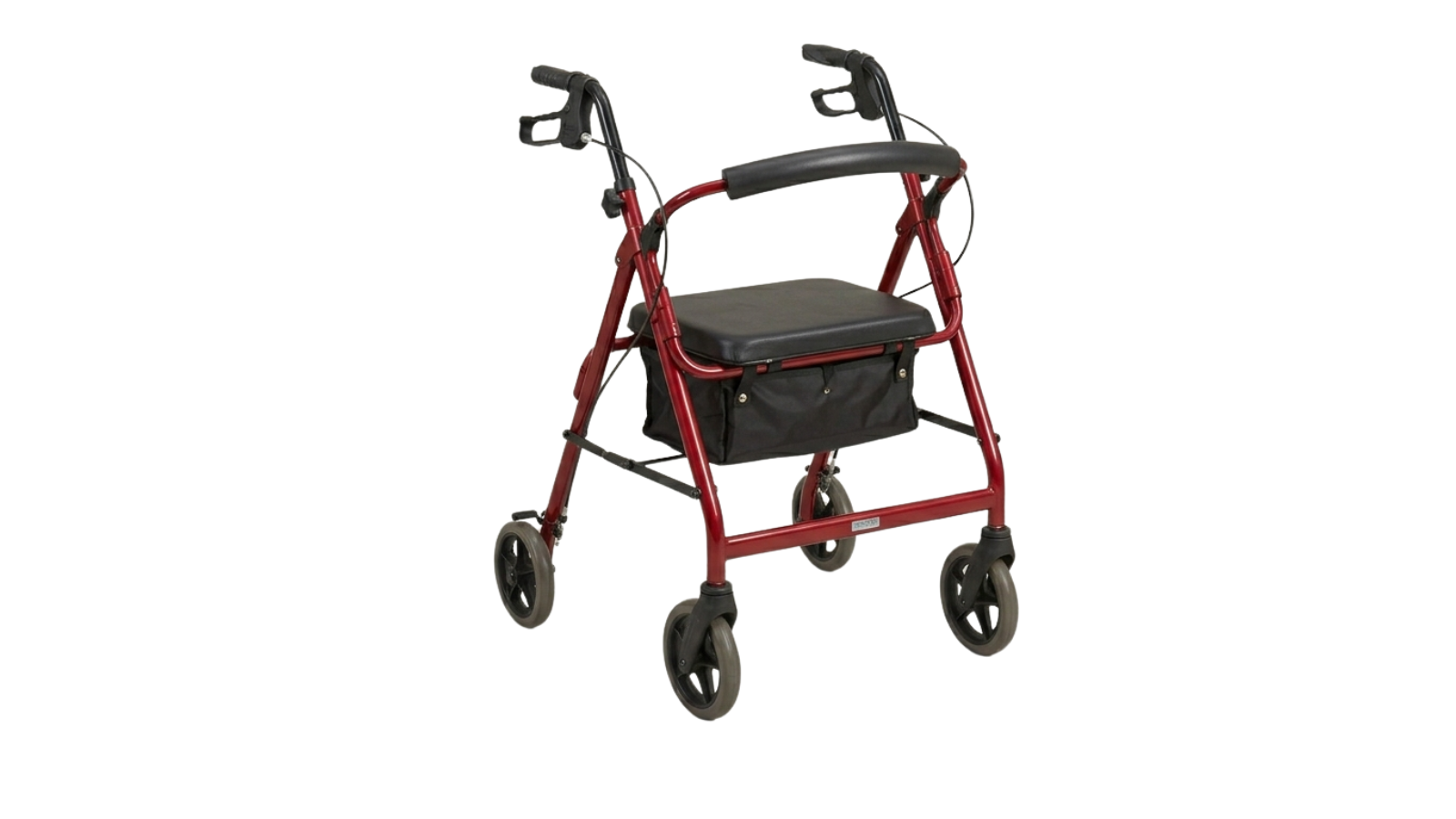 Red rollator walker with black seat and storage pouch