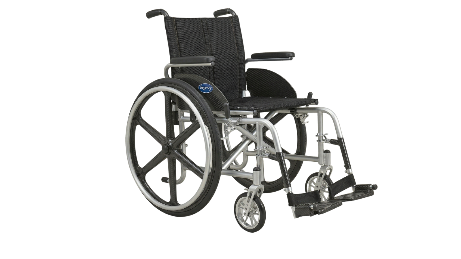 Black and silver wheelchair with padded armrests and large rear wheels, set against a plain white background.