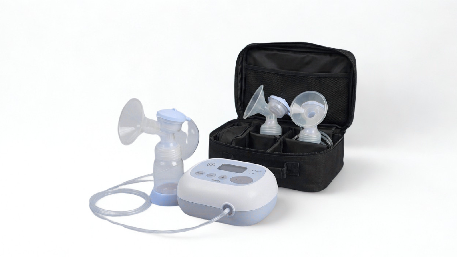 Collection of breast pump parts, including bottles, valves, and an electronic control unit, organized in a black carrying case on a white background.