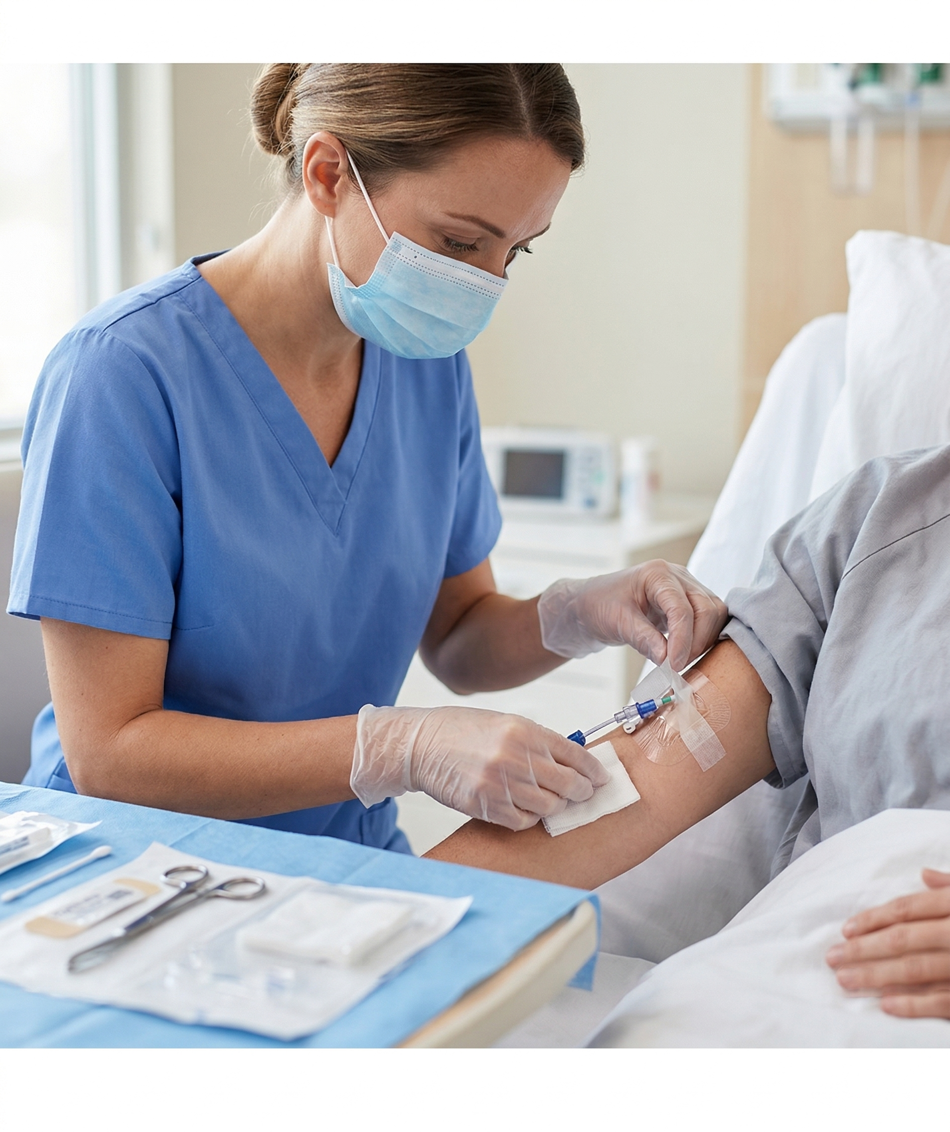 A nurse in blue scrubs, wearing a face mask and gloves, administers an injection to a patient's arm in a hospital room.