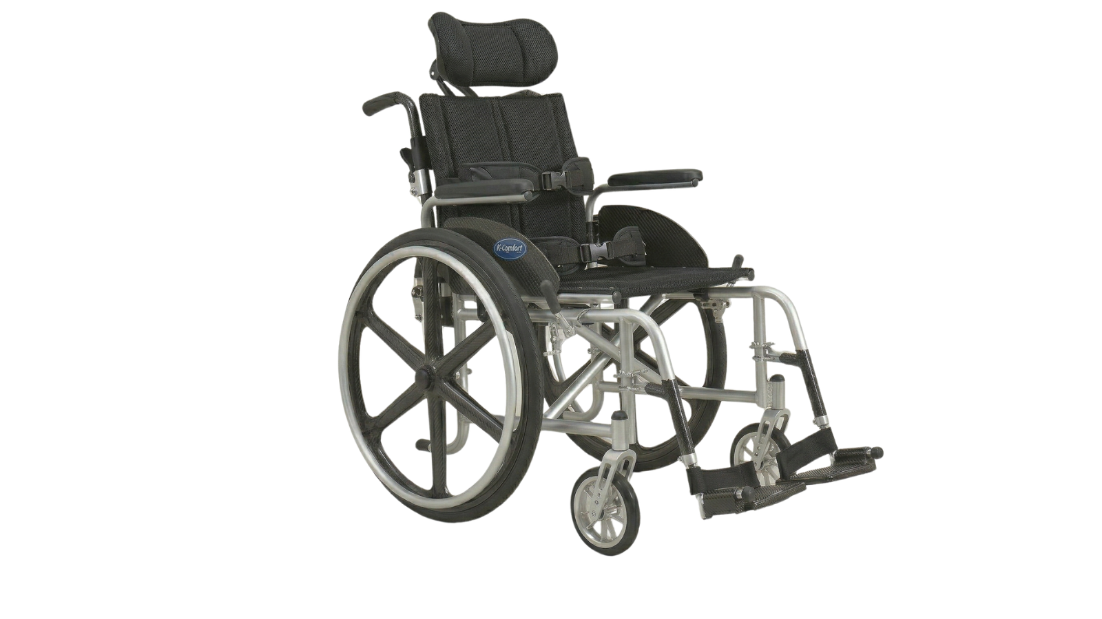 A black manual wheelchair with large rear wheels and smaller front wheels on plain white background.