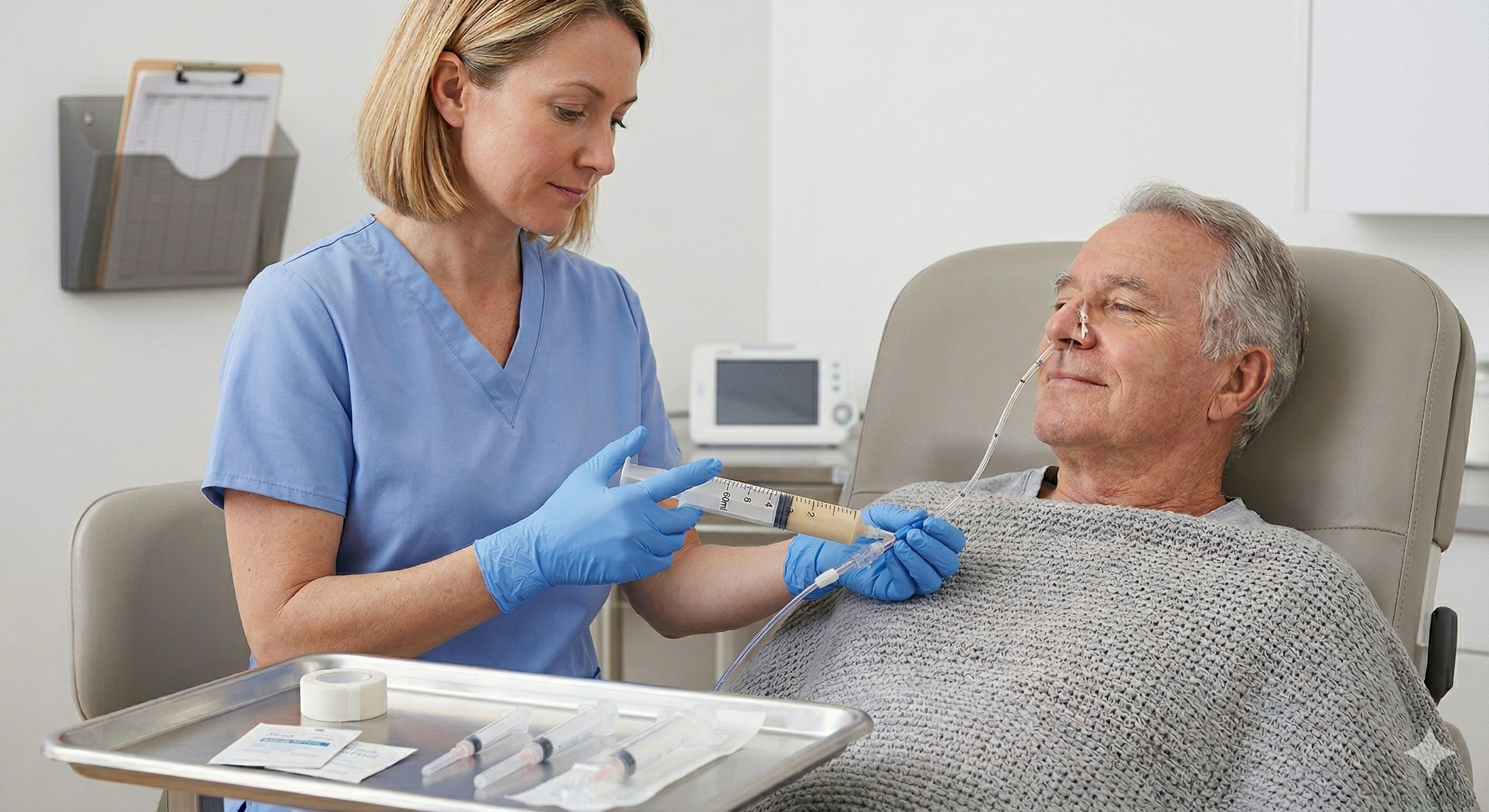 A healthcare professional in blue scrubs and gloves giving an injection to an elderly man with a nasal tube, who is sitting in a medical chair and smiling.