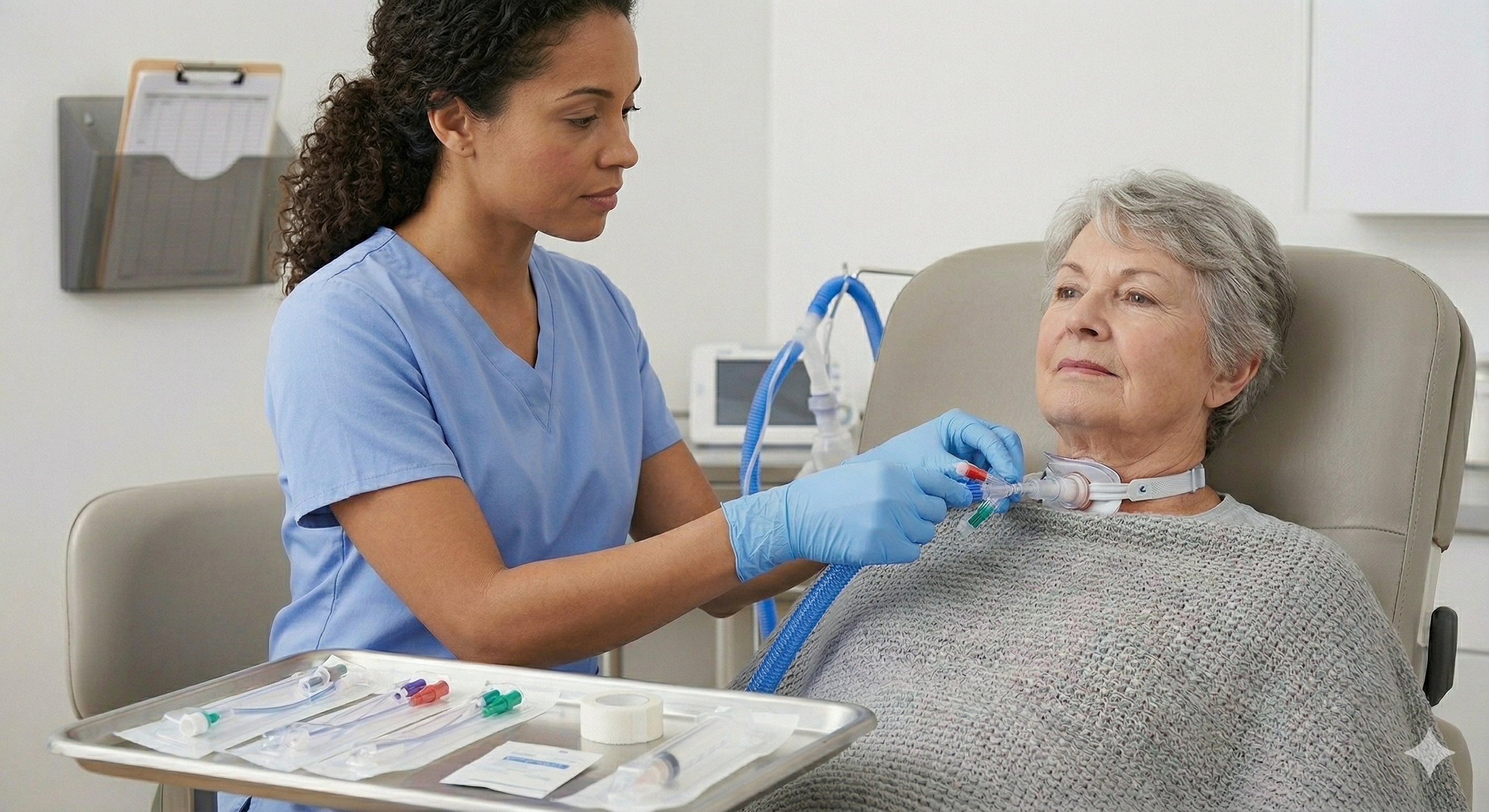Nurse in blue scrubs and gloves administering oxygen to elderly woman patient in hospital bed