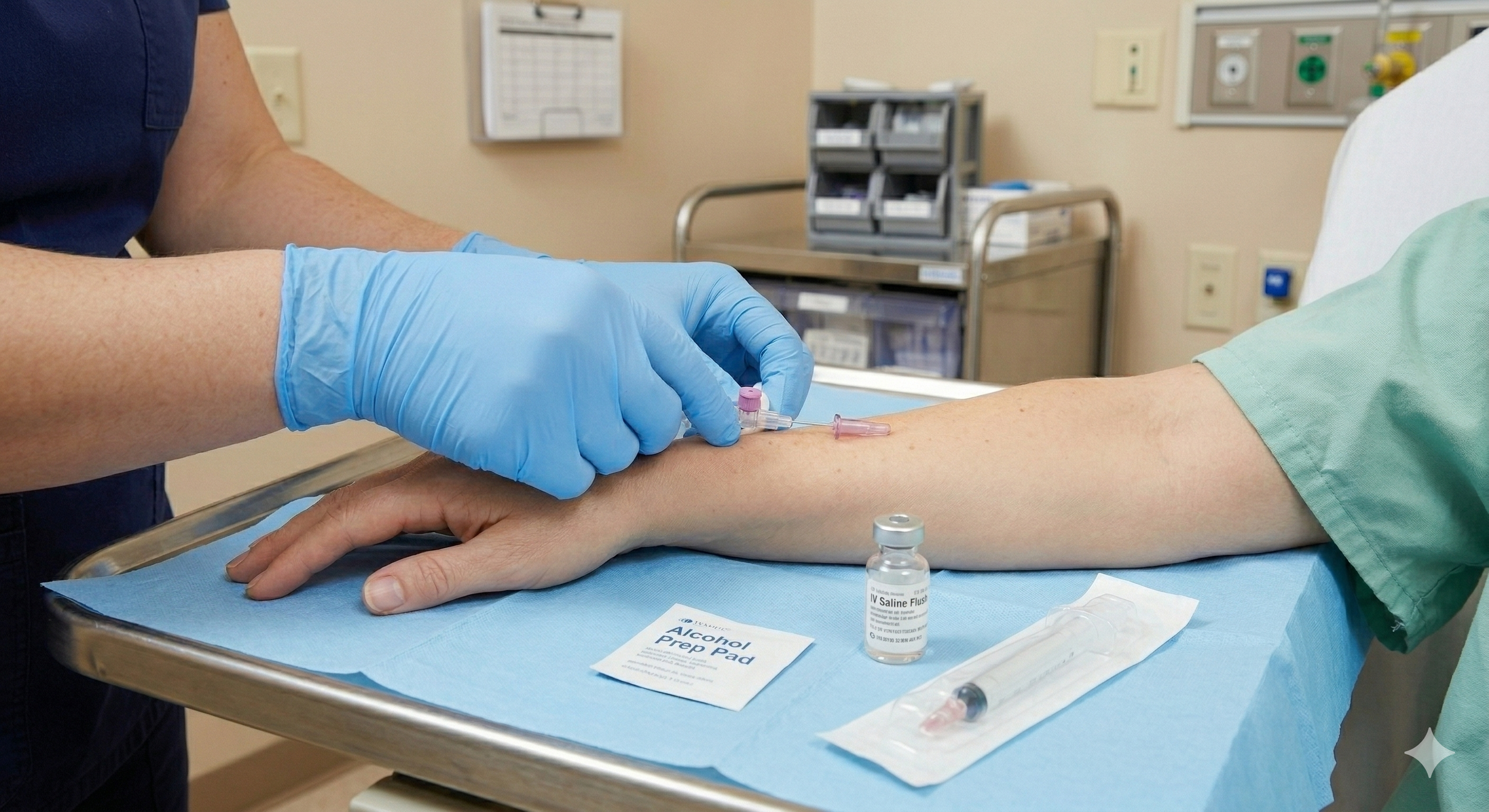 Healthcare professional wearing blue gloves administers an IV injection to a patient's arm in a medical setting, with medical supplies and equipment visible in the background.