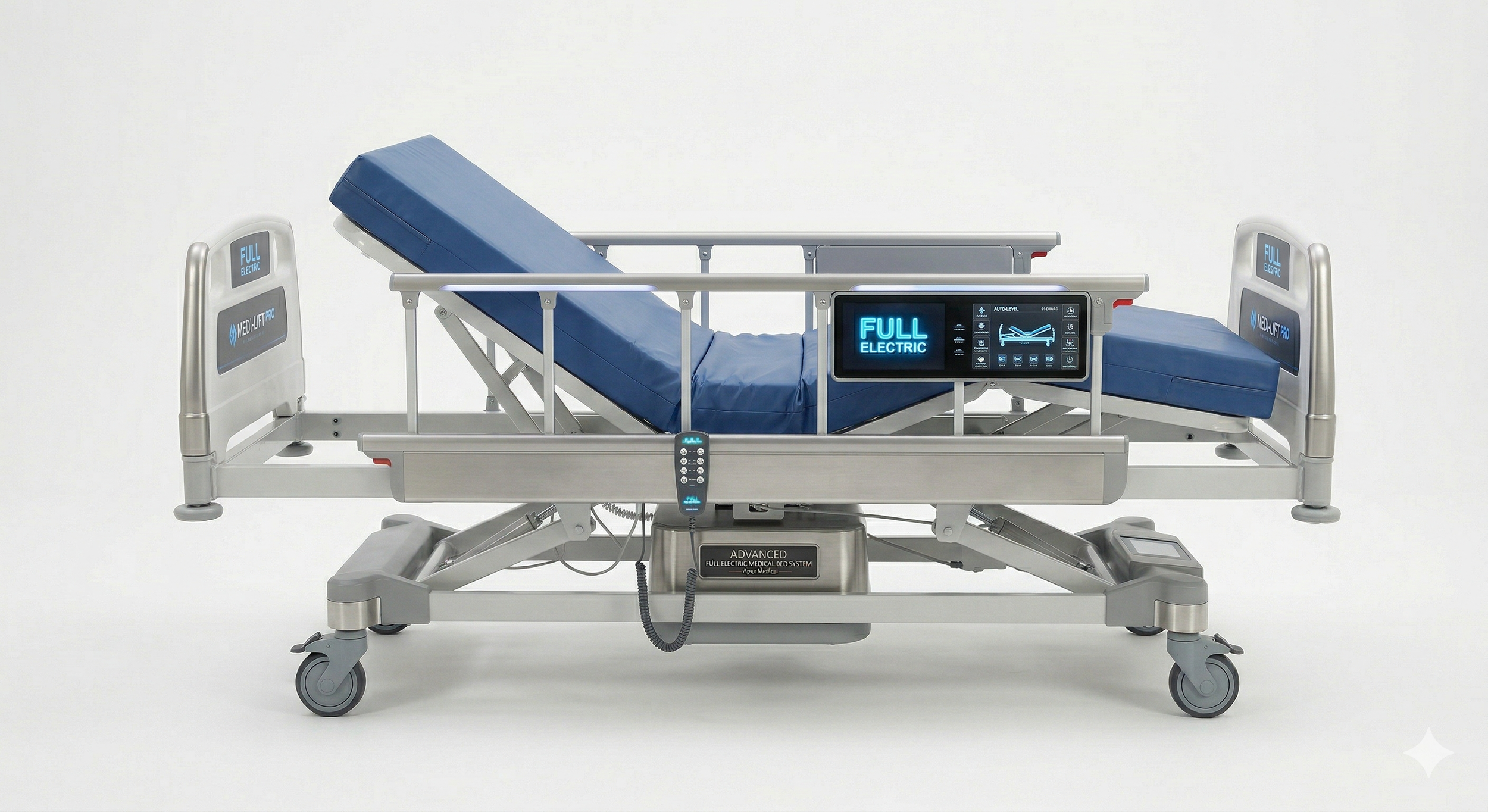 A modern medical hospital bed with blue cushioning and electronic controls, marked as full electric, on a white background.