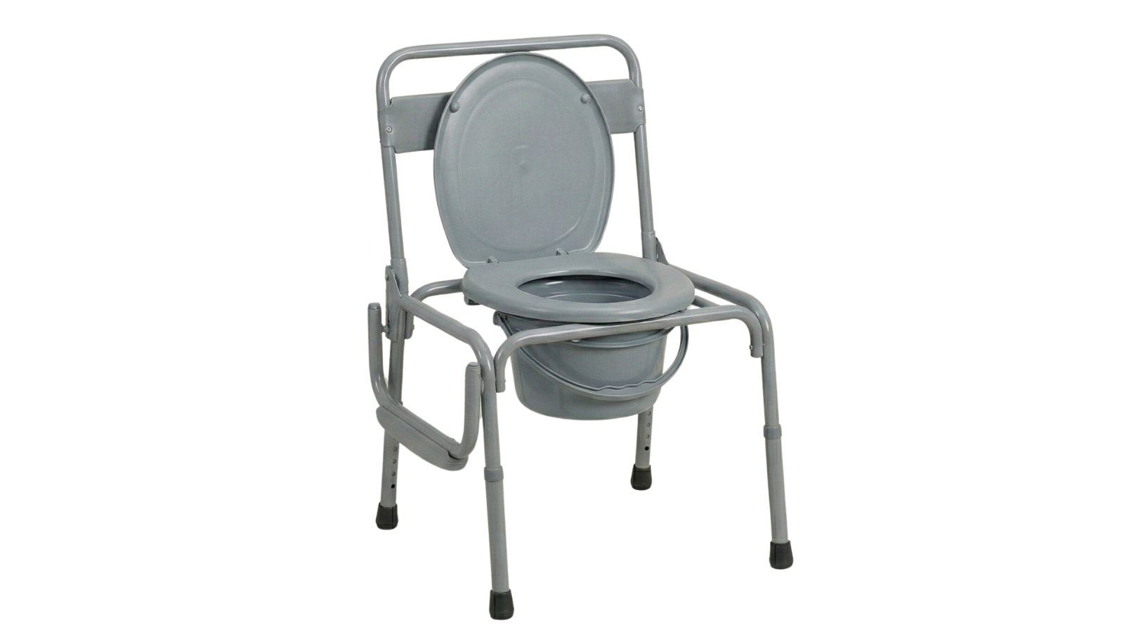 Gray portable commode with a removable seat and backrest on a metal frame with four legs and black rubber tips.