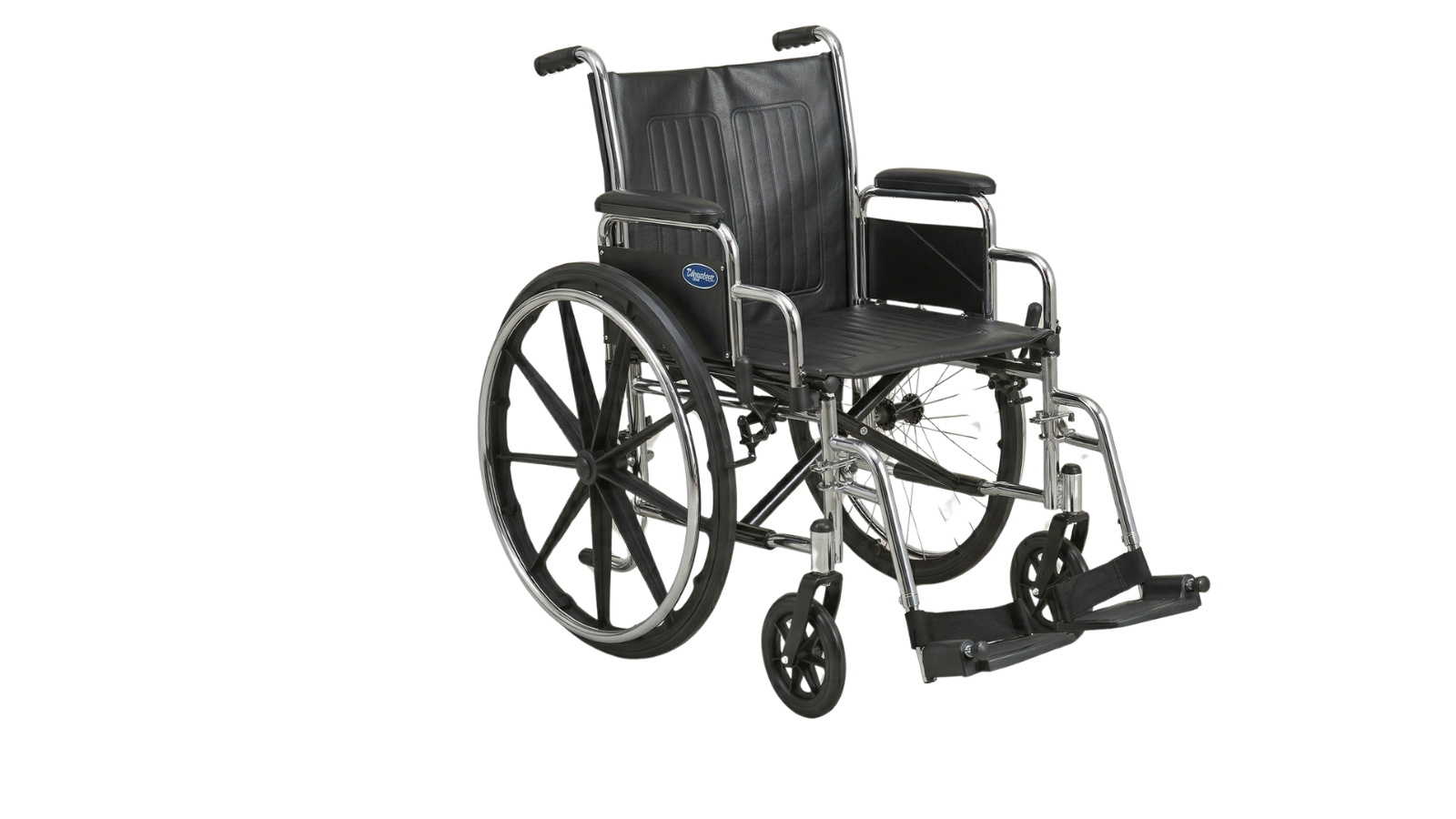 Standard black wheelchair with large rear wheels and smaller front wheels, featuring a padded seat and backrest, armrests, and footrests.