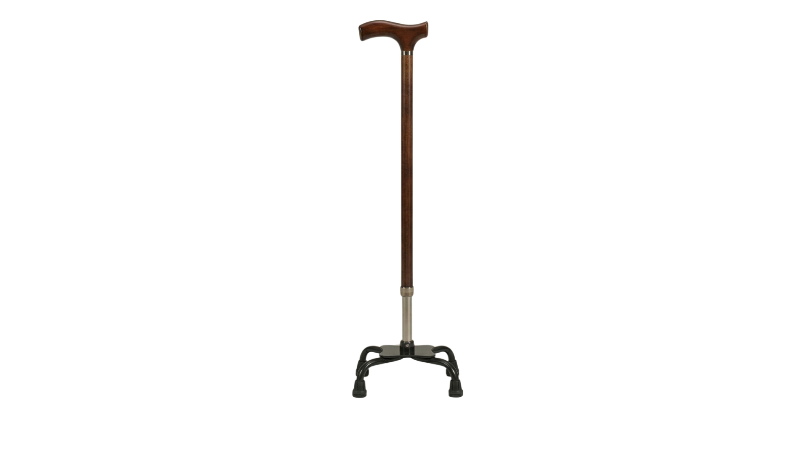 A brown wooden cane with a curved handle and a metal adjustable shaft, mounted on a black four-legged base.