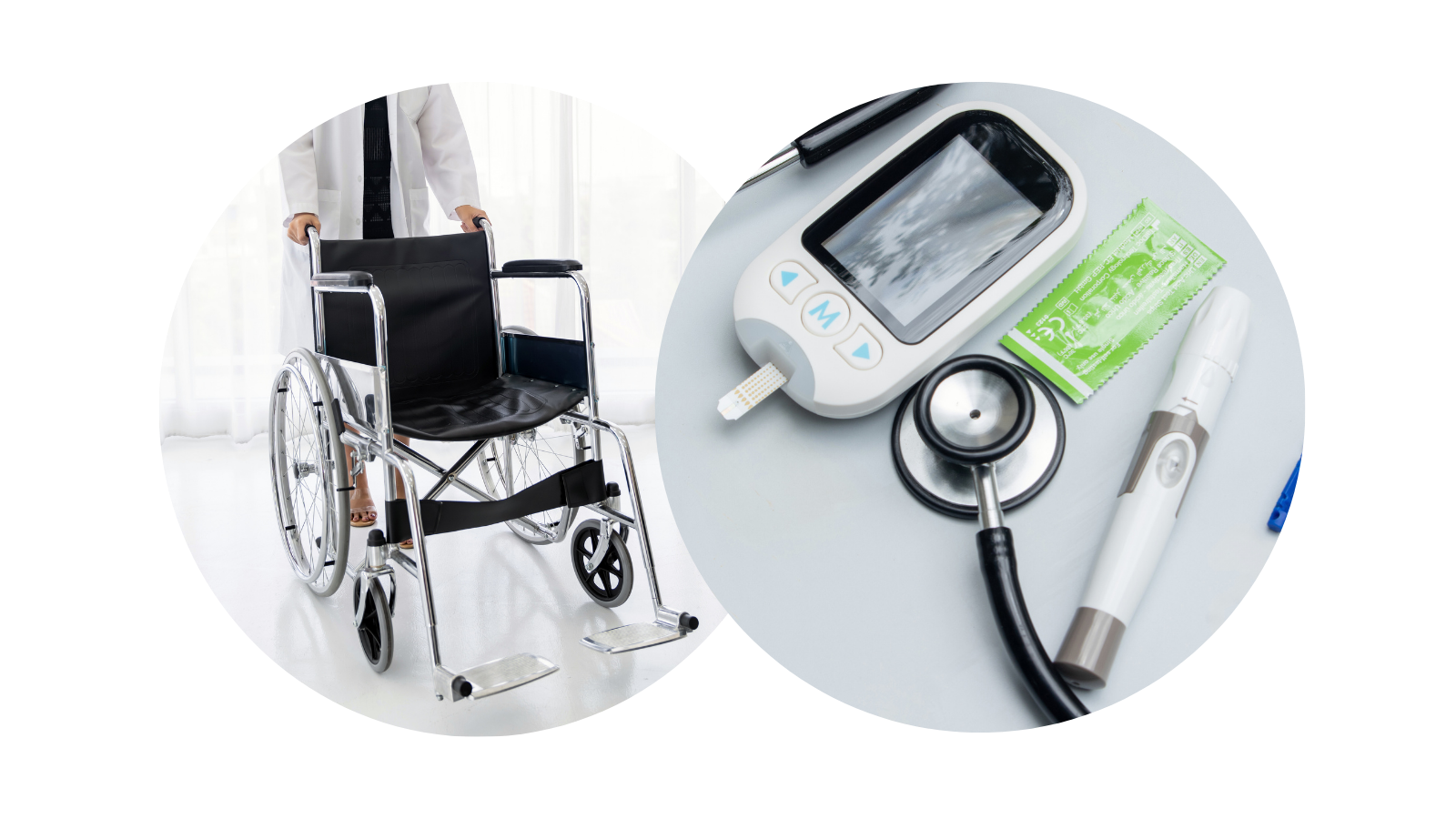 A wheelchair, a blood glucose monitor, test strips, a stethoscope, and a lancet on a table.