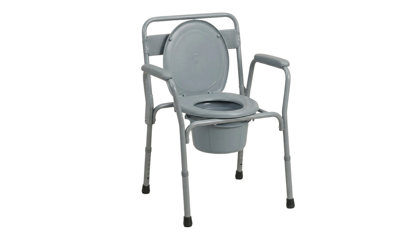 A gray commode chair with a fold-down armrest and a built-in toilet seat and bucket.