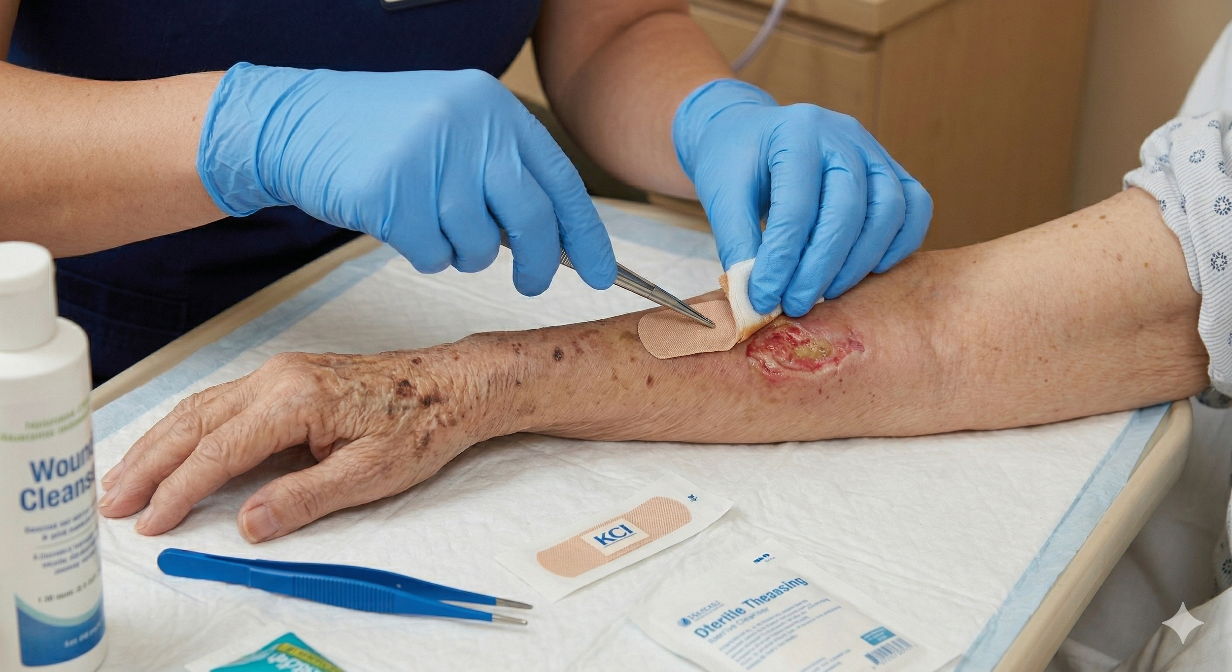 A healthcare professional in blue gloves dressings an open wound on an elderly patient's forearm, which is placed on a medical pad with wound cleaning supplies nearby.