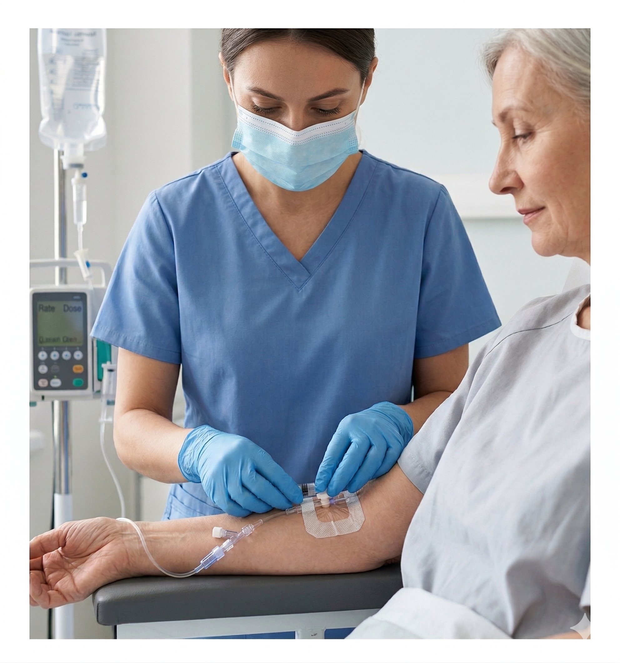 A nurse in blue scrubs, wearing a face mask and gloves, administers an intravenous injection to an elderly woman in a hospital setting.