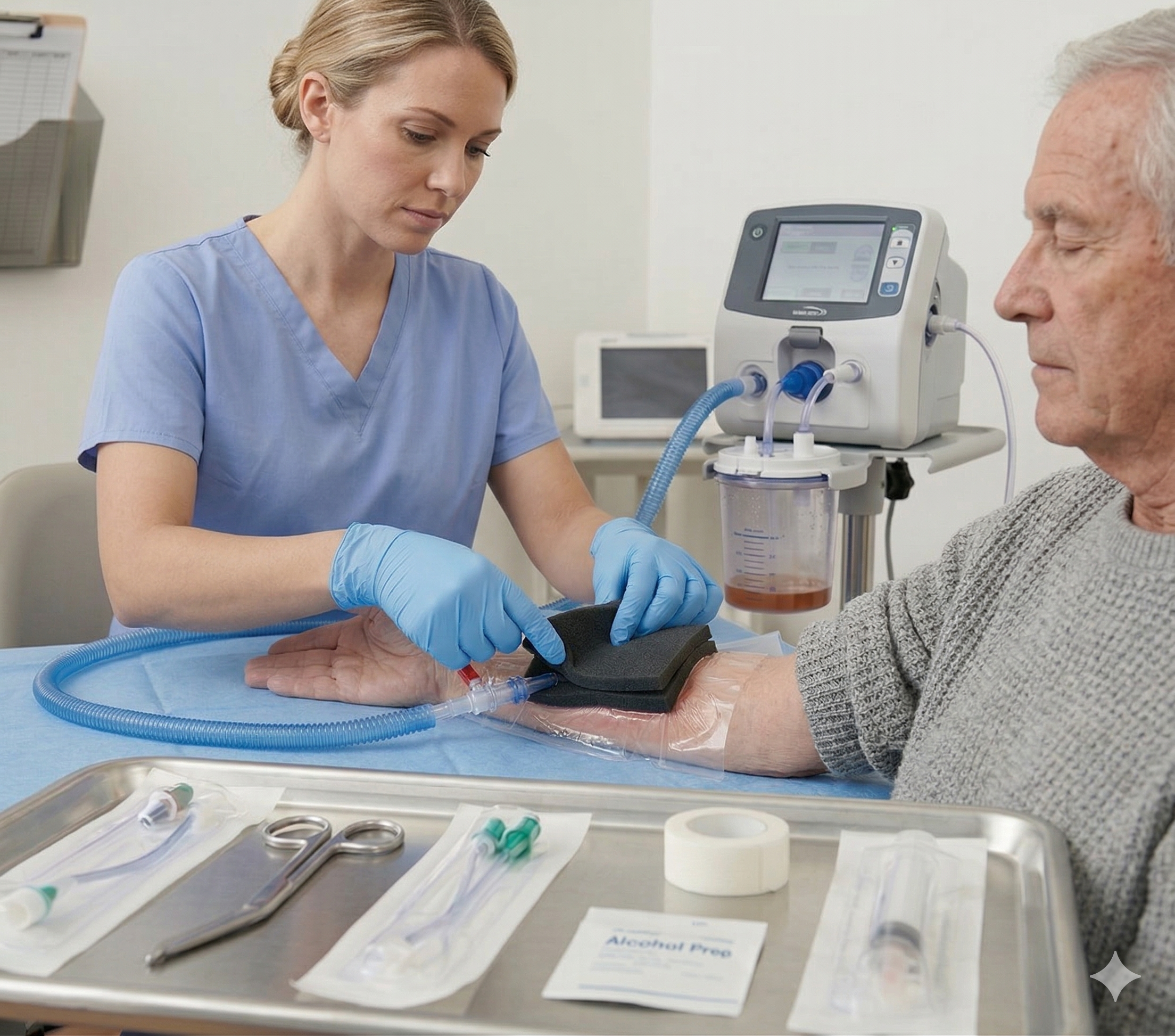 Healthcare professional with blue gloves administering intravenous therapy to an elderly man in a clinical setting.