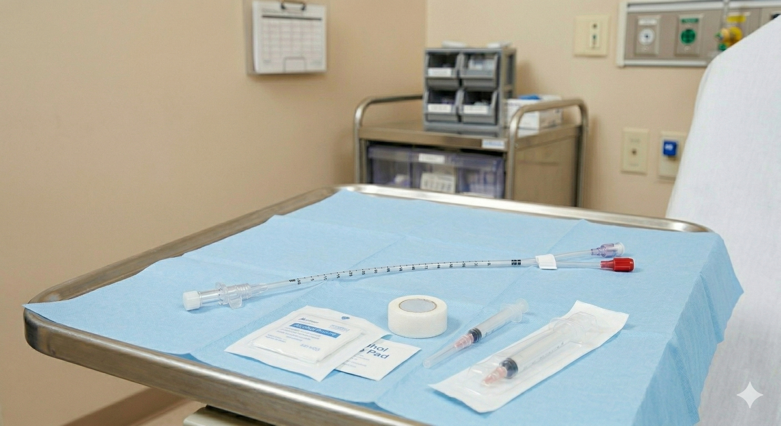 Medical tools and supplies on a blue sterile table cover, including a long syringe, alcohol swab, tape, and small vials, in a hospital setting with medical equipment in the background.