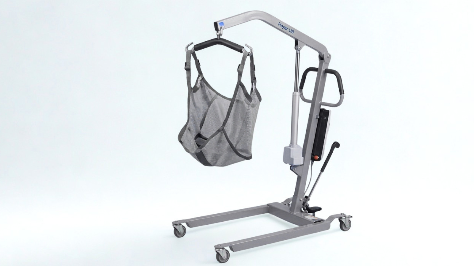 A medical lift device with a gray base, handles, and a large metal arm, featuring a mesh sling hanging from the top for patient transfer.
