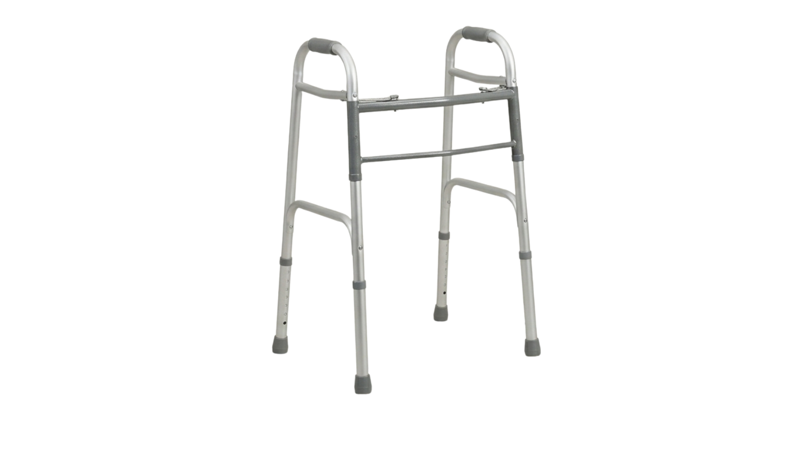 A silver metal walker with four legs and rubber tips for stability.