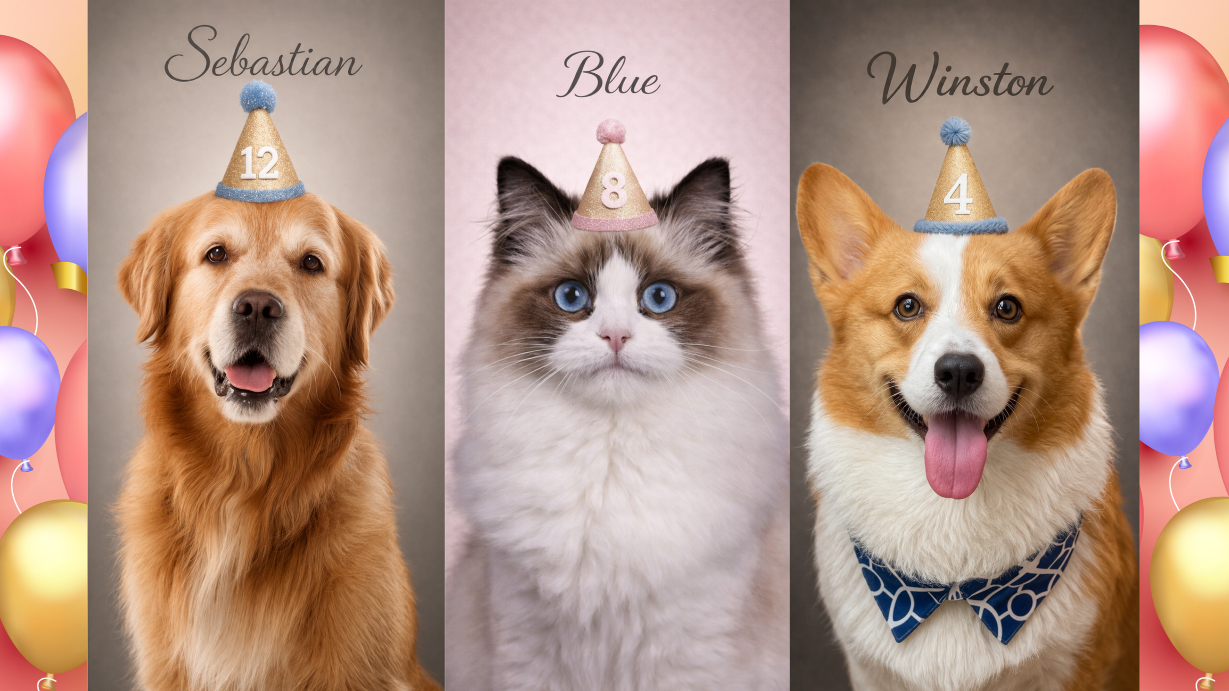 Two dogs and a cat wearing birthday hats celebrating their birthdays