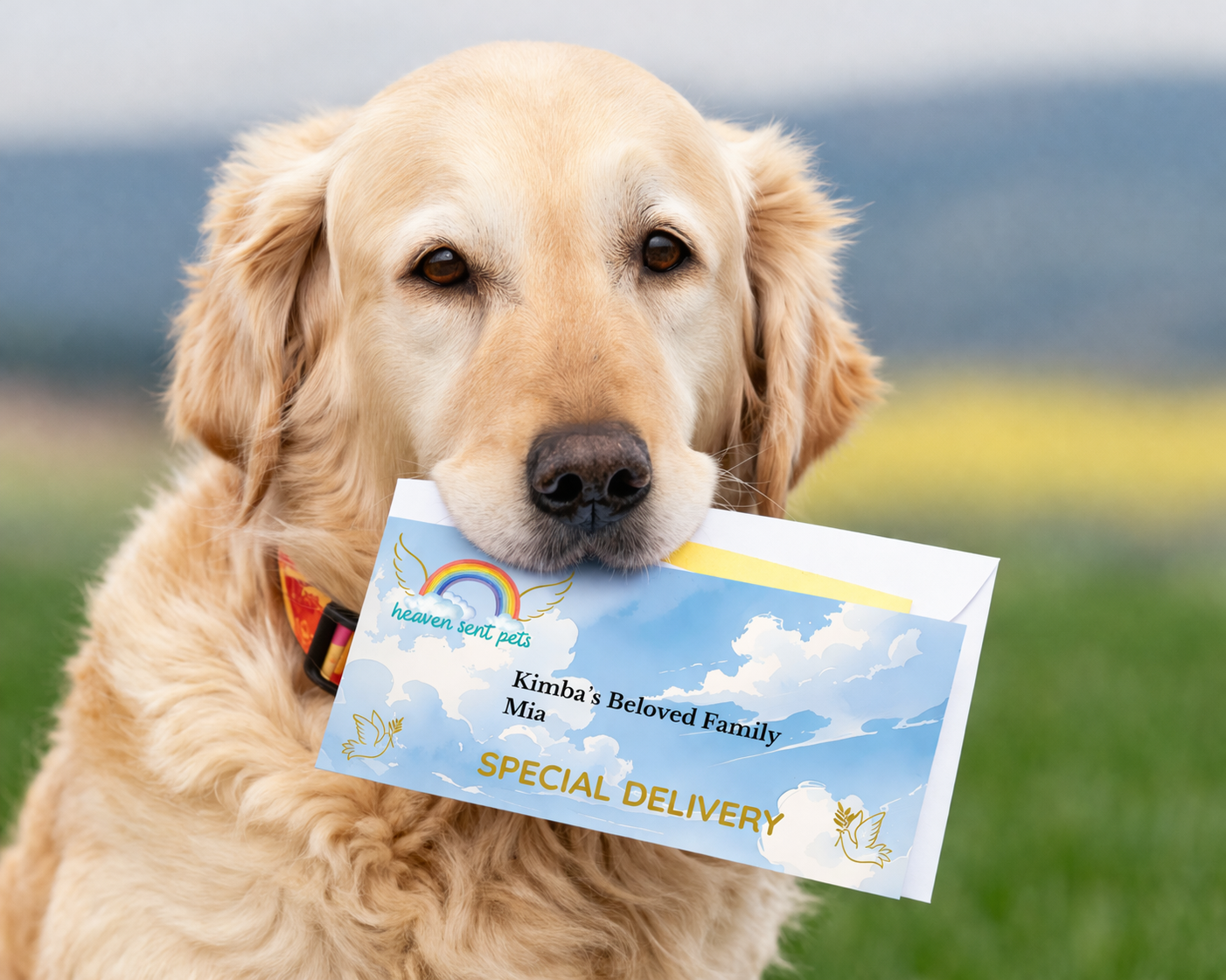 Golden Retriever dog carrying mail in his mouth