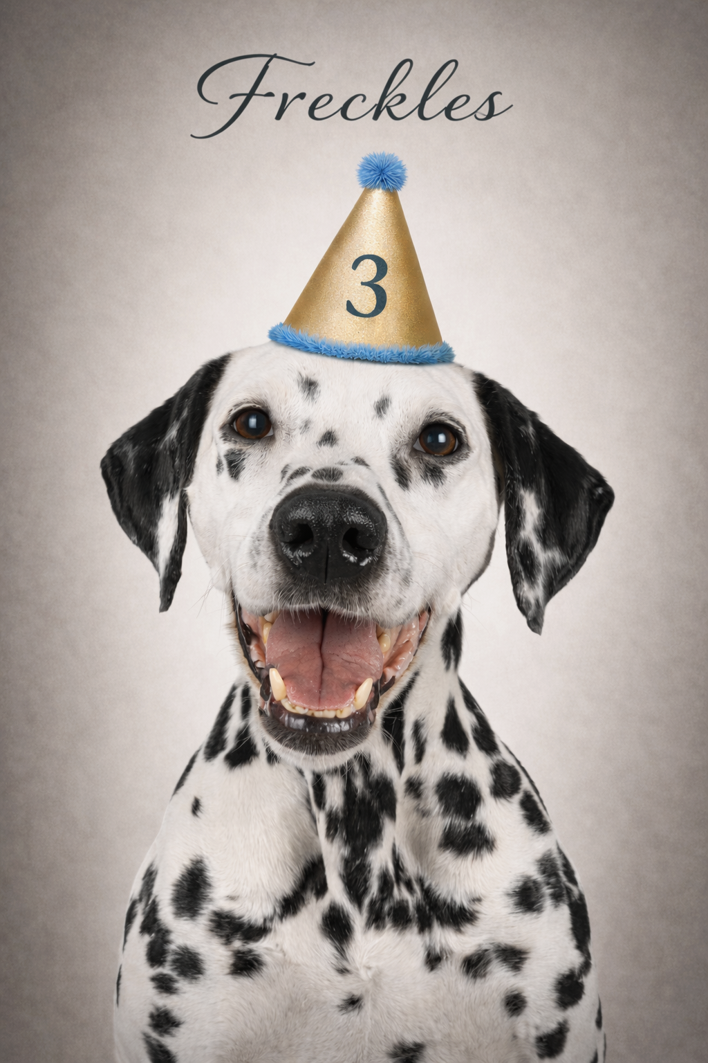 Photo of a dalmatian dog wearing a birthday hat